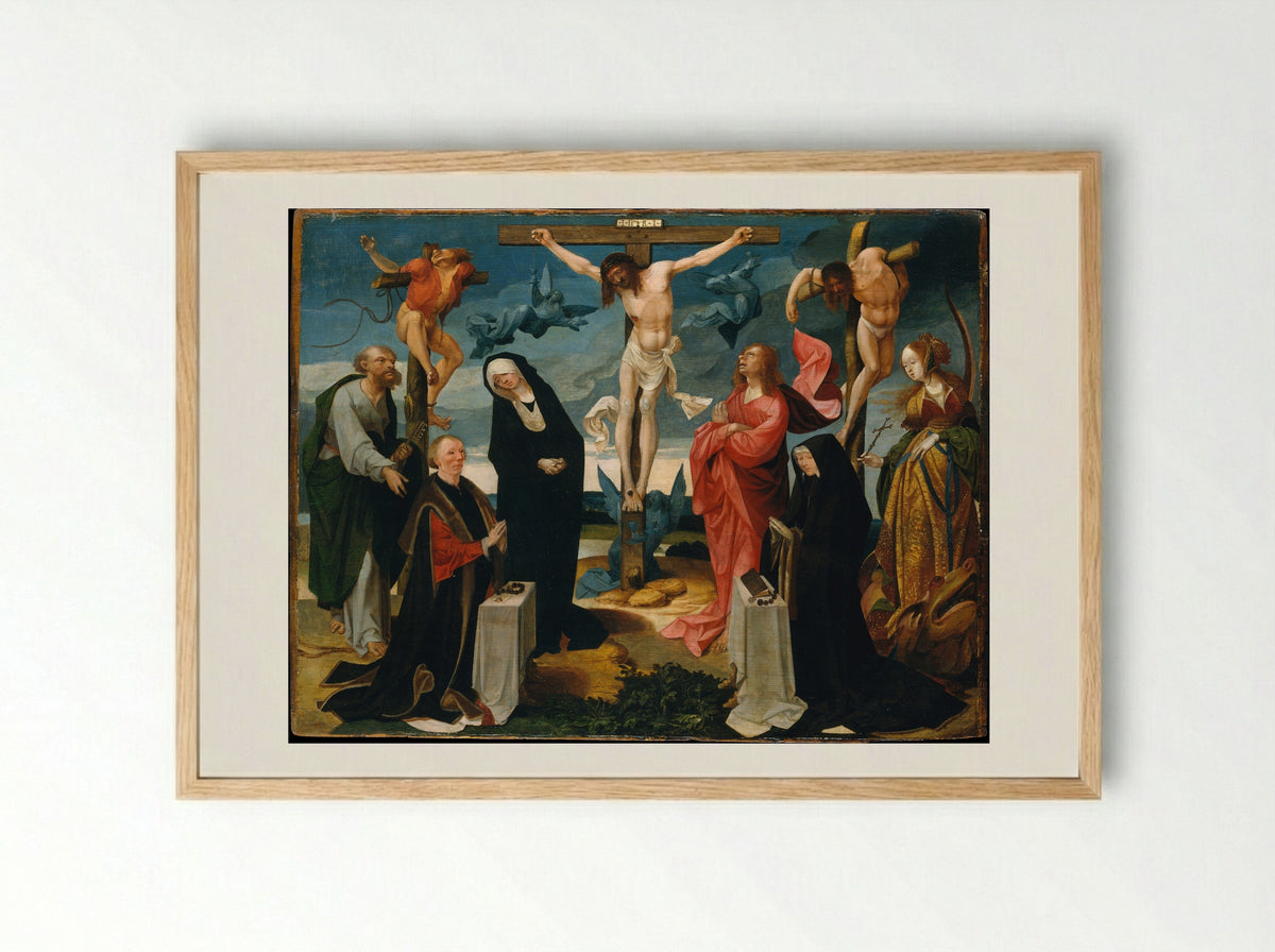 The Crucifixion with Donors and Saints Peter and Margaret of Antioch - Cornelis Engebrechtsz - Framed Print Wood