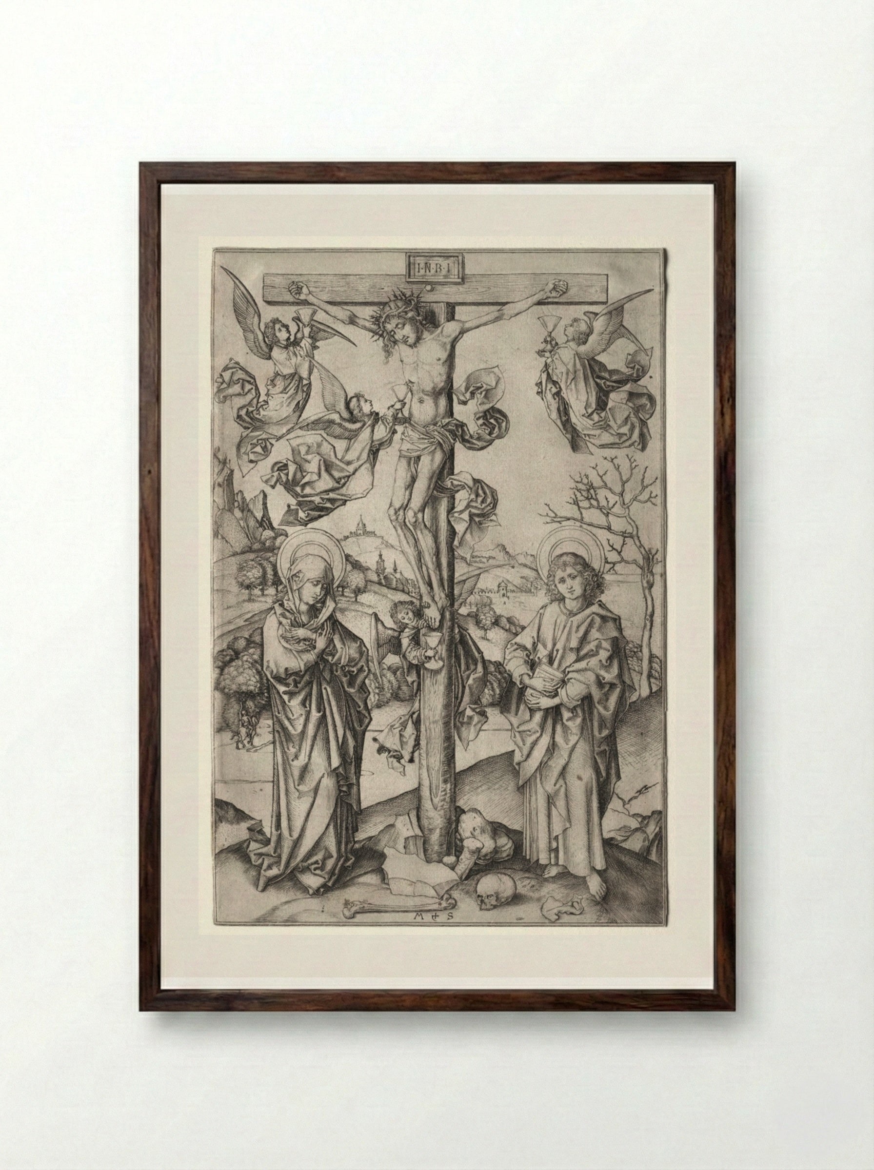 The Crucifixion with Four Angels - Martin Schongauer - Framed Print Dark Wood