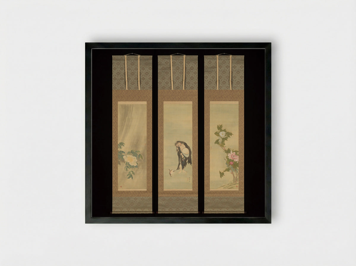 The Daoist Immortal Liu Hai and Peonies - Sō Shiseki - Framed Print Black