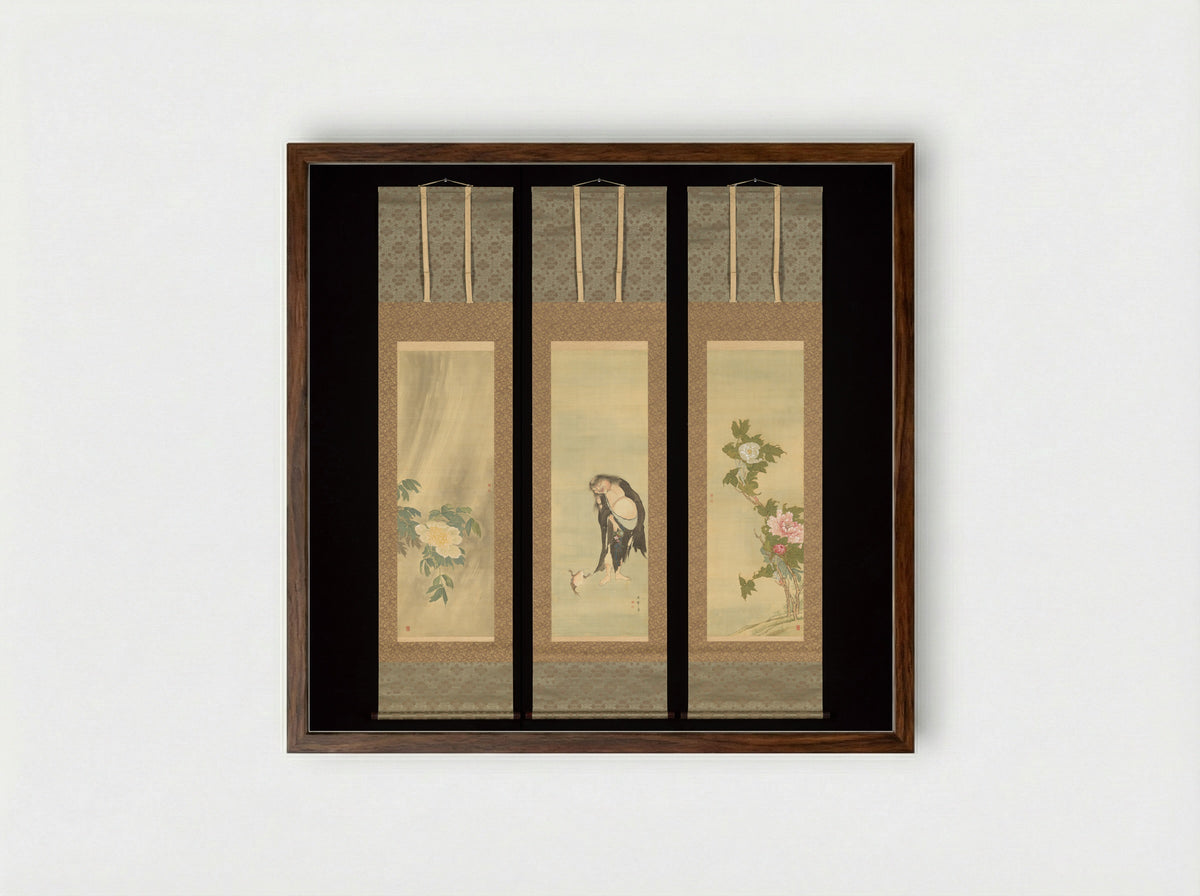 The Daoist Immortal Liu Hai and Peonies - Sō Shiseki - Framed Print Dark Wood