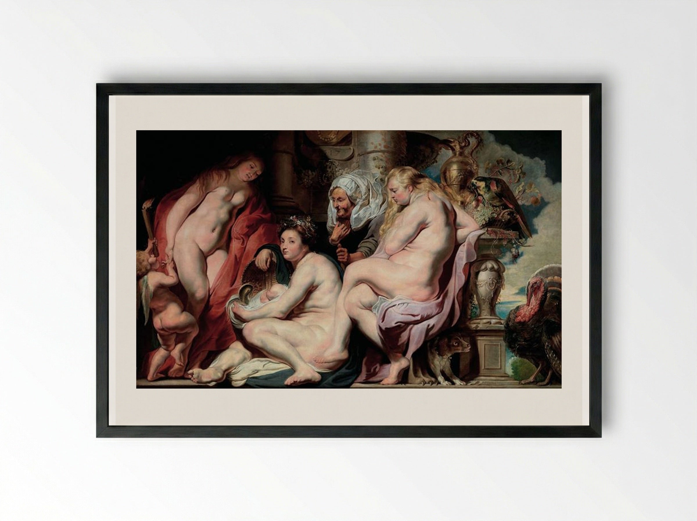 The Daughters of Cecrops finding the child Erichthonius - Jacob Jordaens - Framed Print Black