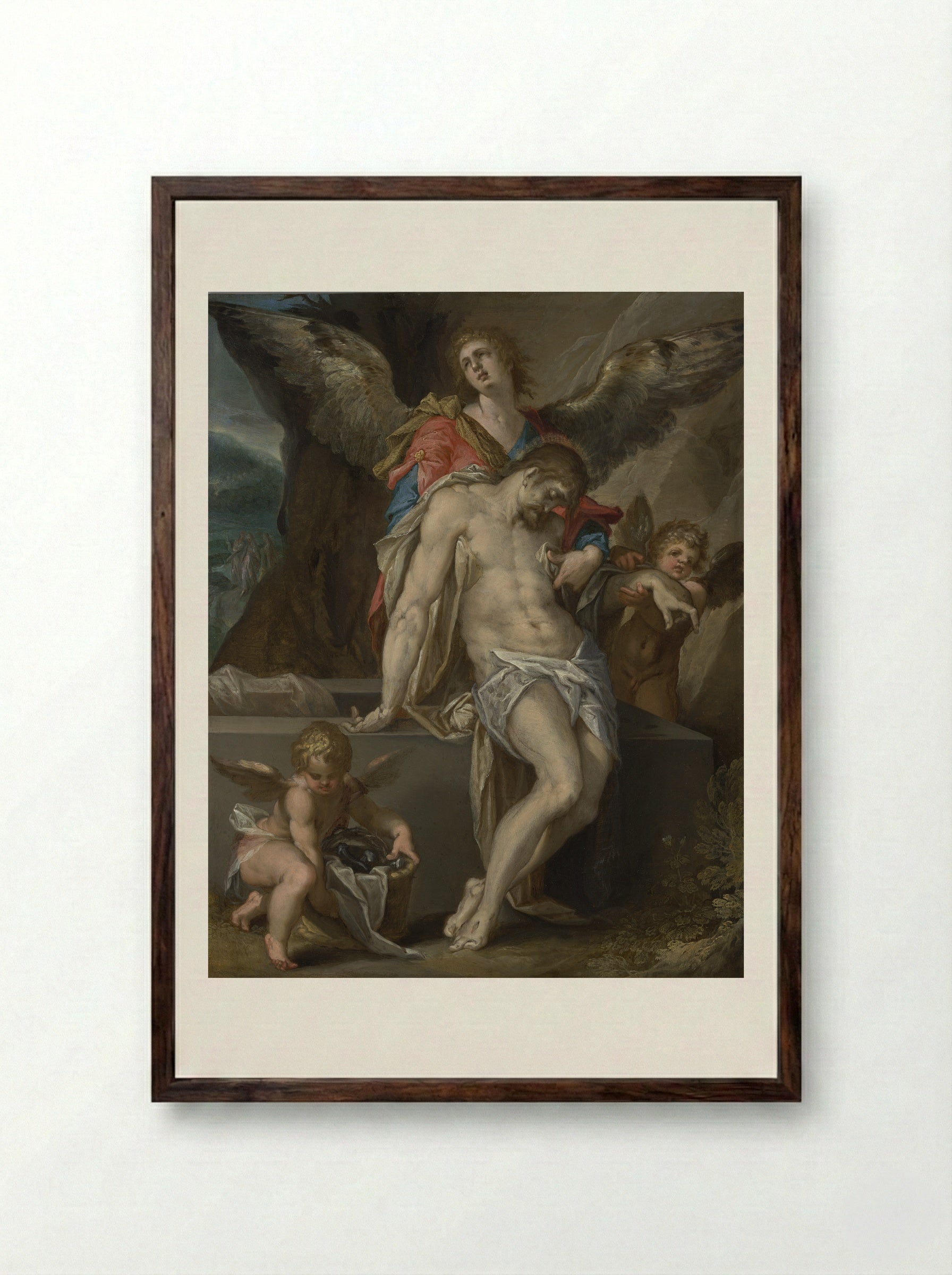 The Dead Christ Supported by Angels - Bartholomeus Spranger - Framed Print Dark Wood