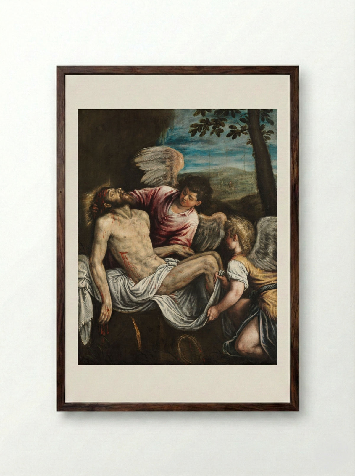 The Dead Christ with Angels - Leandro Bassano - Framed Print Dark Wood