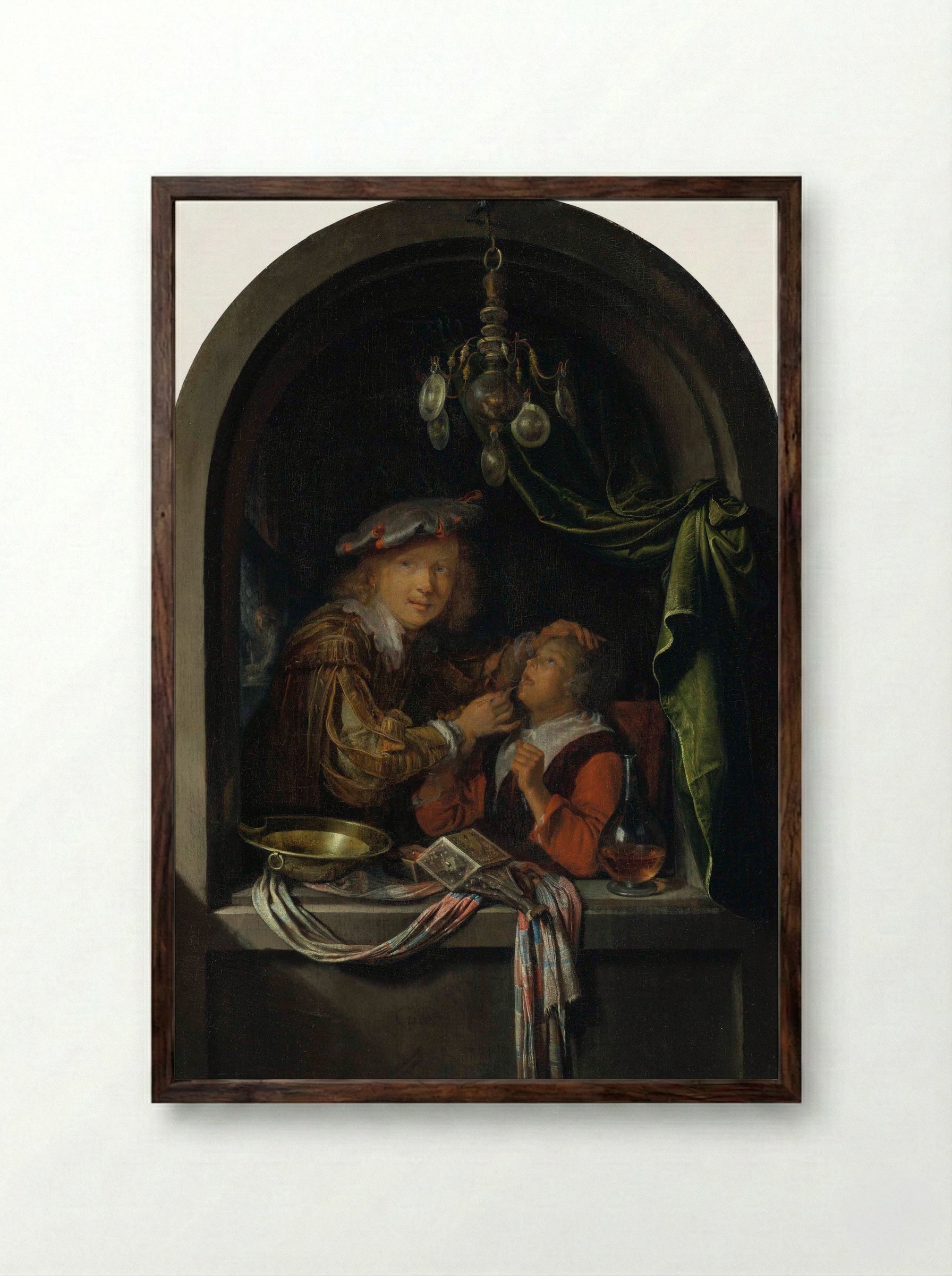 The Dentist - Gerrit Dou - Framed Print Dark Wood
