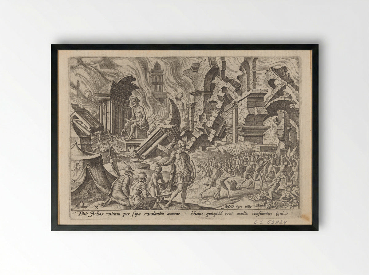The Destruction of Ai and the Stoning of Achan - Philips Galle - Framed Print Black