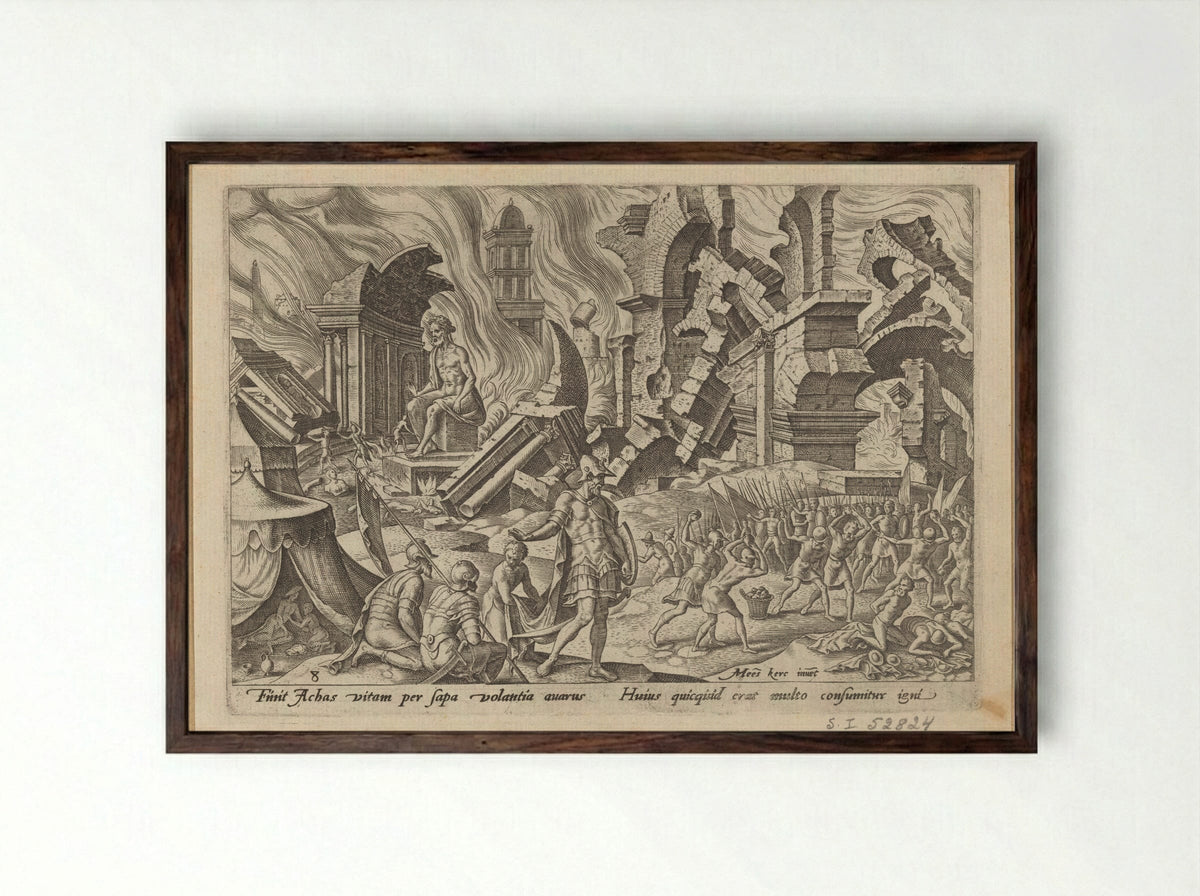 The Destruction of Ai and the Stoning of Achan - Philips Galle - Framed Print Dark Wood