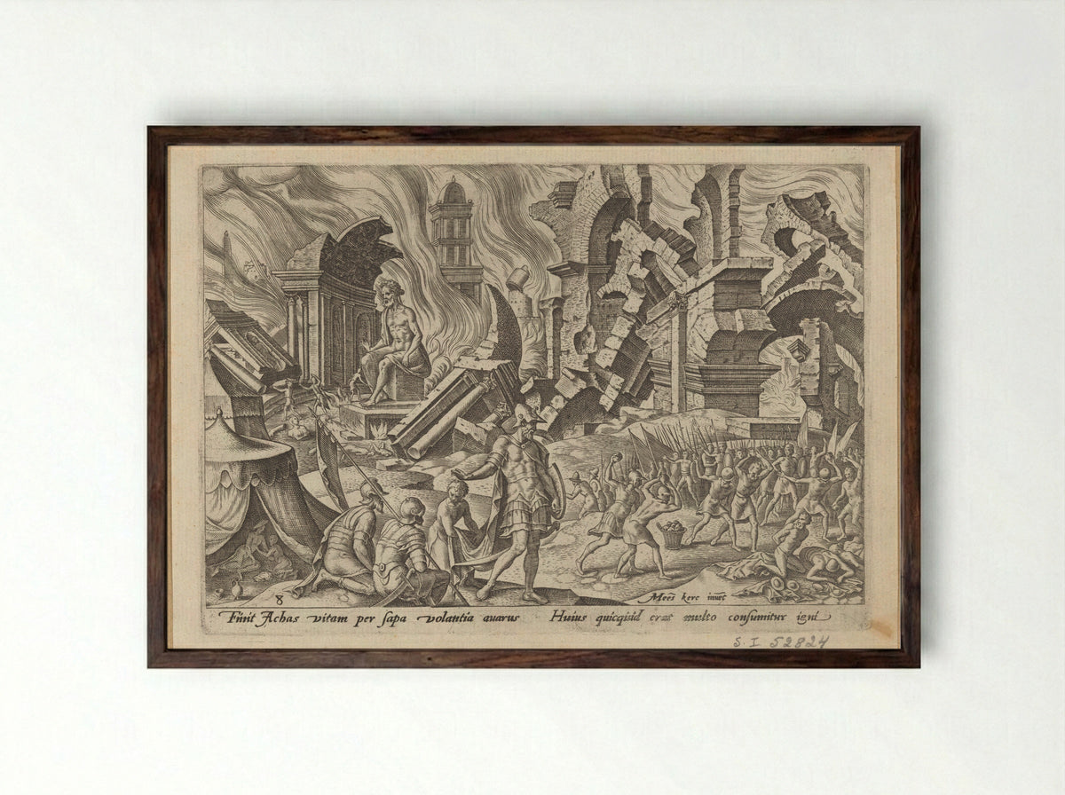 The Destruction of Ai and the Stoning of Achan - Philips Galle - Framed Print Dark Wood