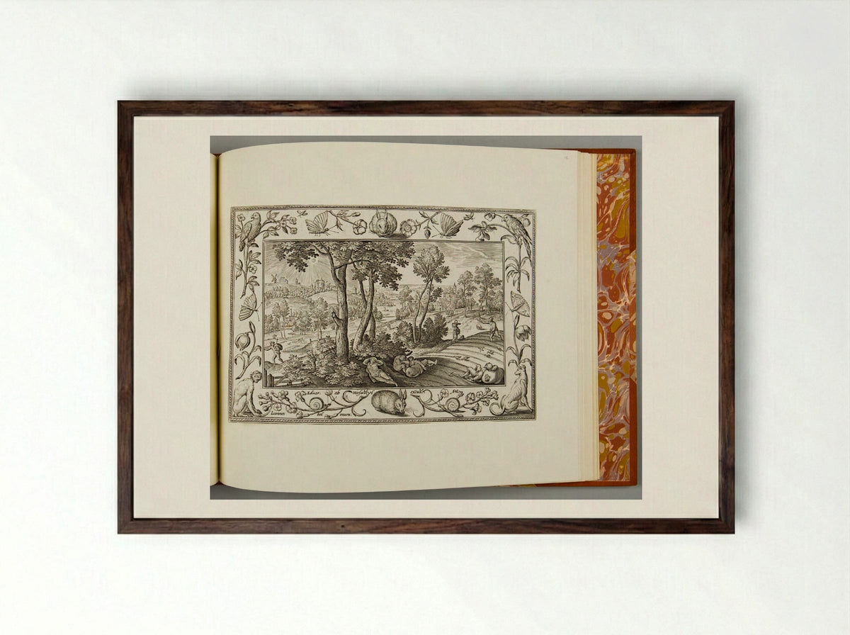 The Devil Sowing the Tares, with Rabbit, Monkey, Greyhound, and Parrot - Adriaen Collaert - Framed Print Dark Wood