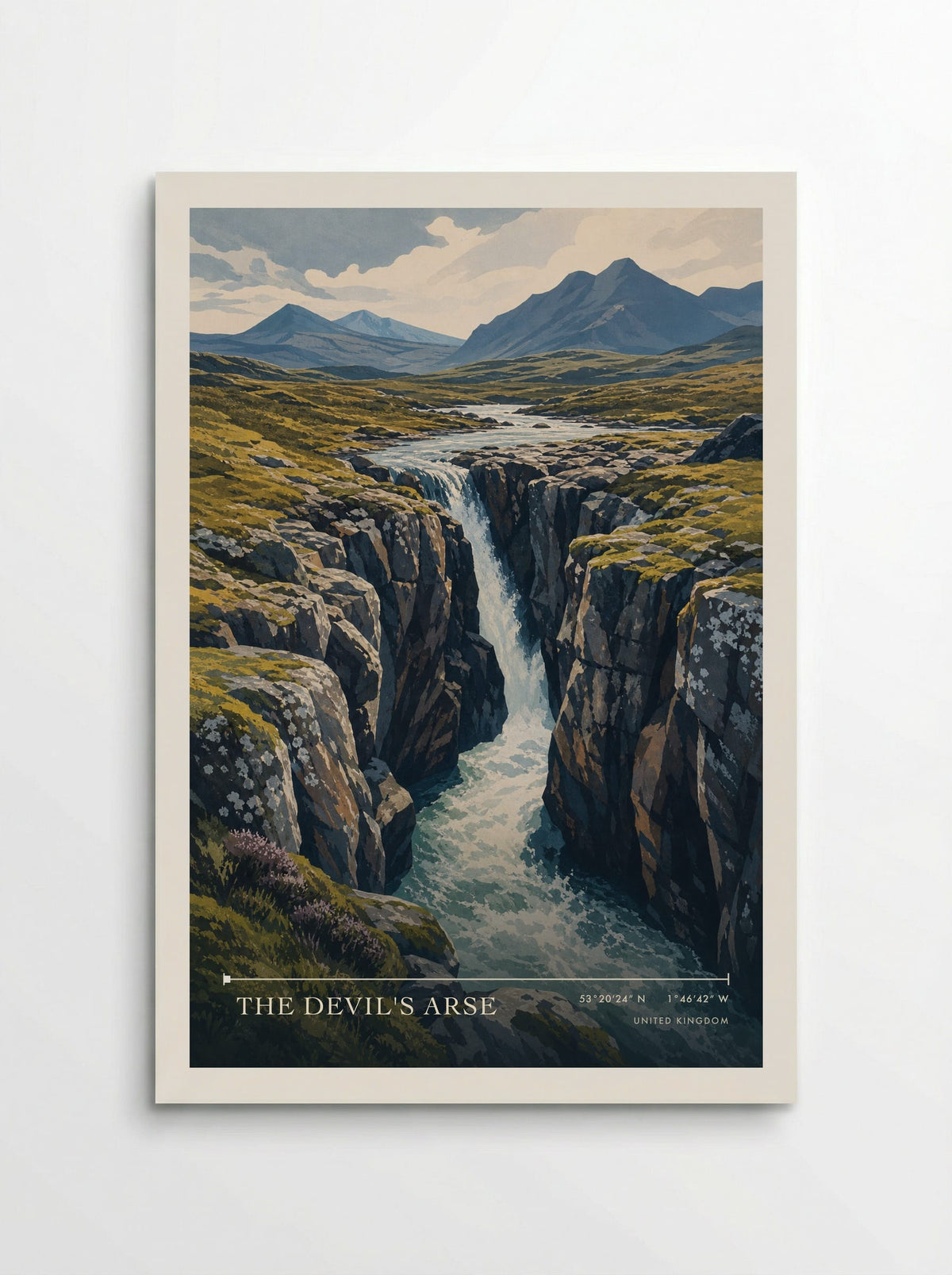 The Devil's Arse travel poster: a plunging waterfall, dark gorge and Peak District moorland, printed for walkers and cavers