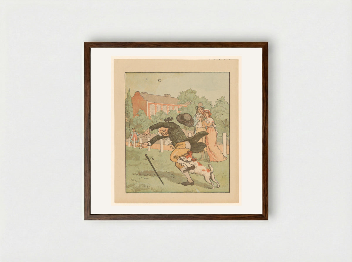 The Dog Bites the Man - Randolph Caldecott - Framed Print Dark Wood