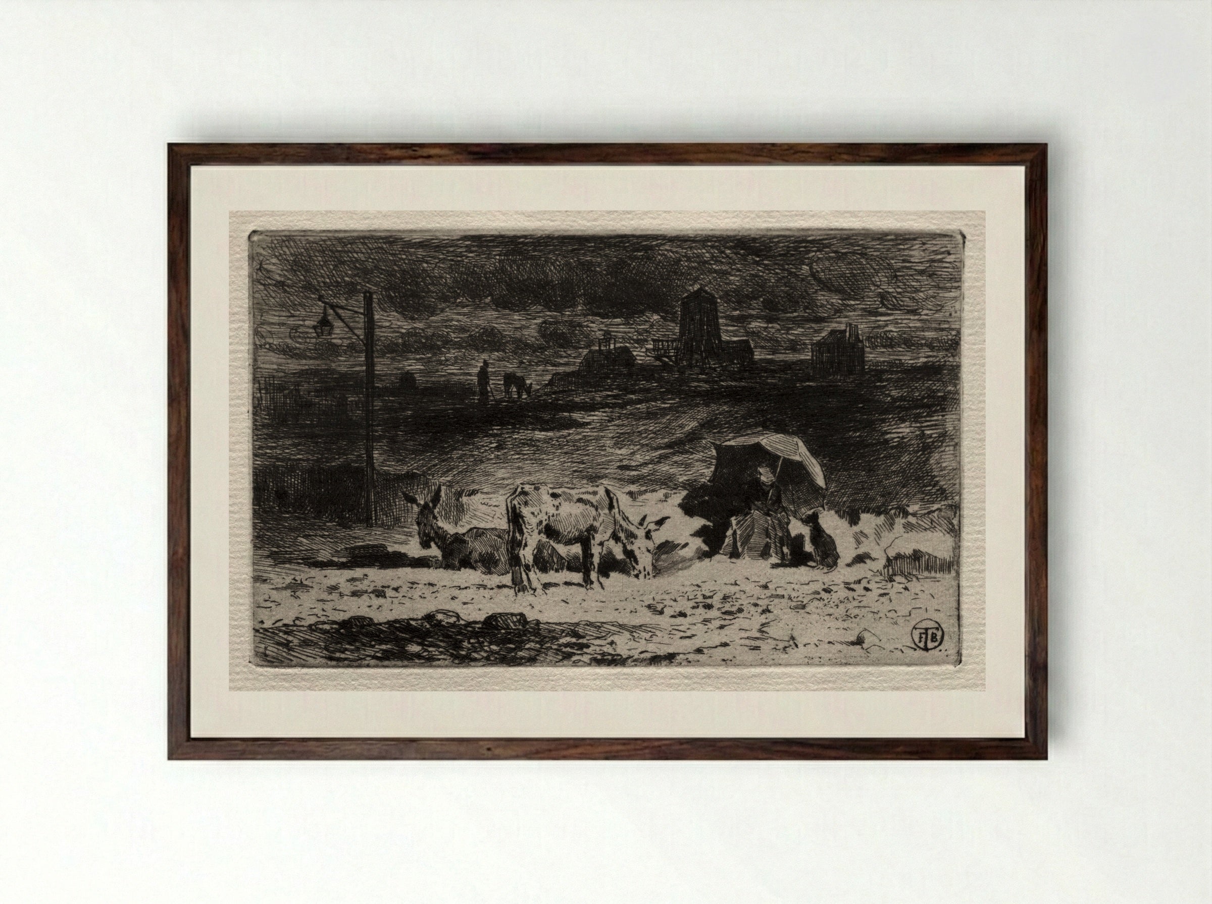 The Donkeys at the Hill of the Cailles - Félix Hilaire Buhot - Framed Print Dark Wood