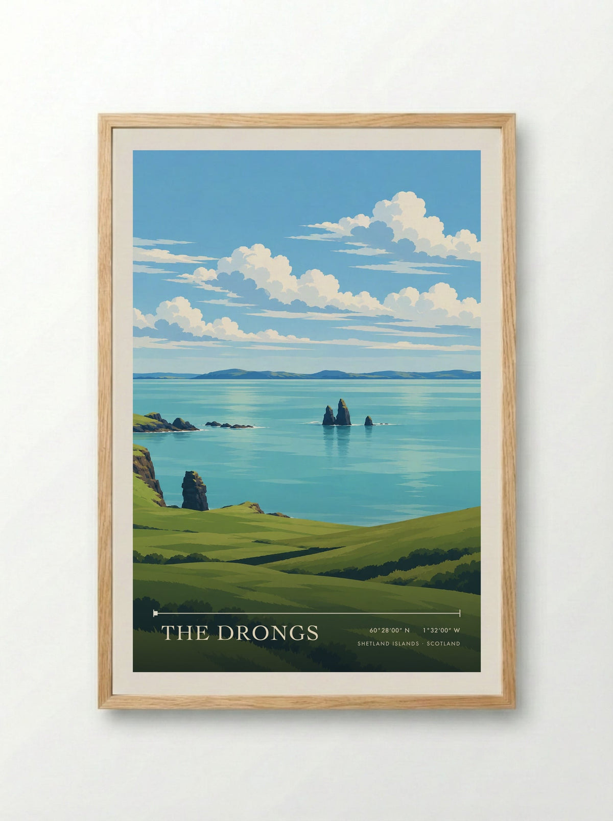 The Drongs, Shetland Islands | Travel Poster - Framed Print Wood