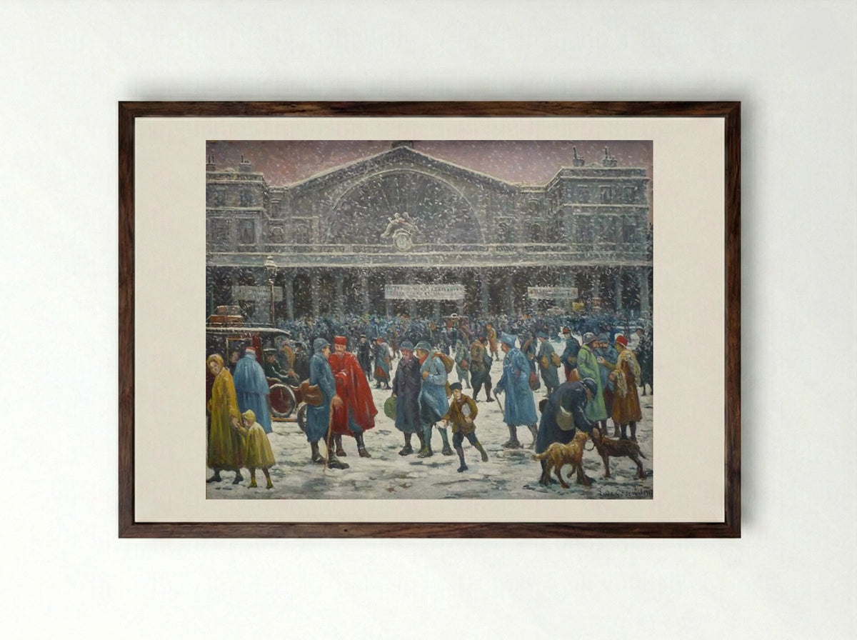 The Eastern Station Under The Snow - Maximilien Luce - Framed Print Dark Wood