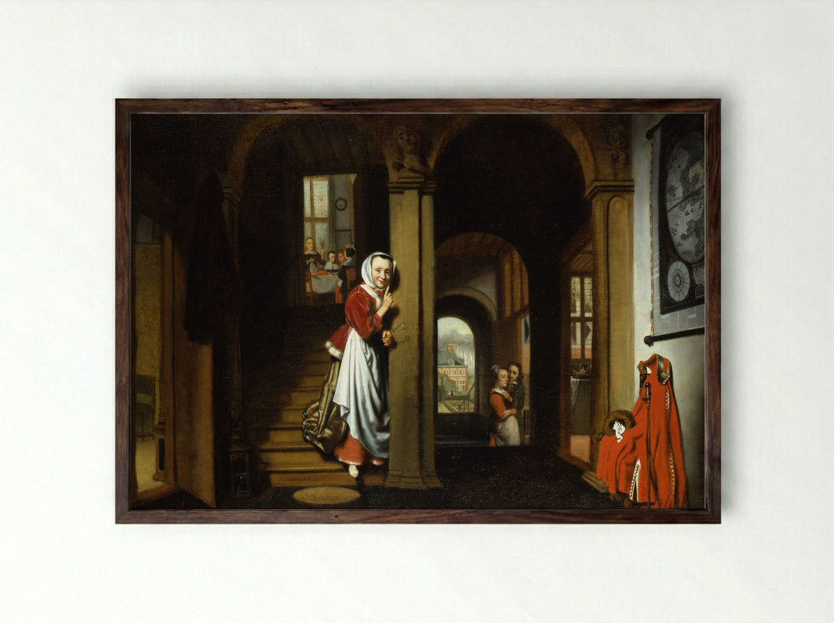 The Eavesdropper - Nicolaes Maes - Framed Print Dark Wood