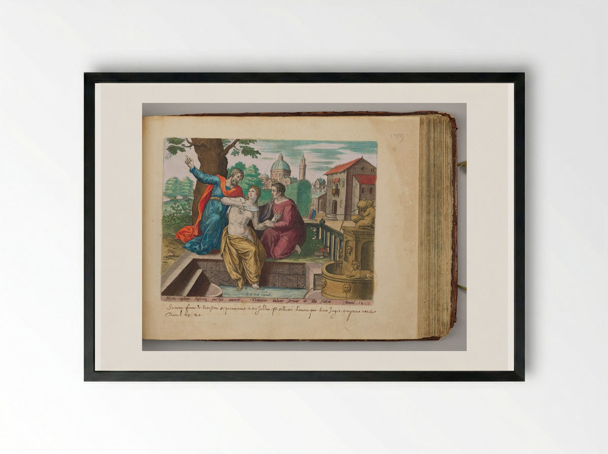 The Elders Trying to Seduce Susanna - Hans Collaert the Elder - Framed Print Black