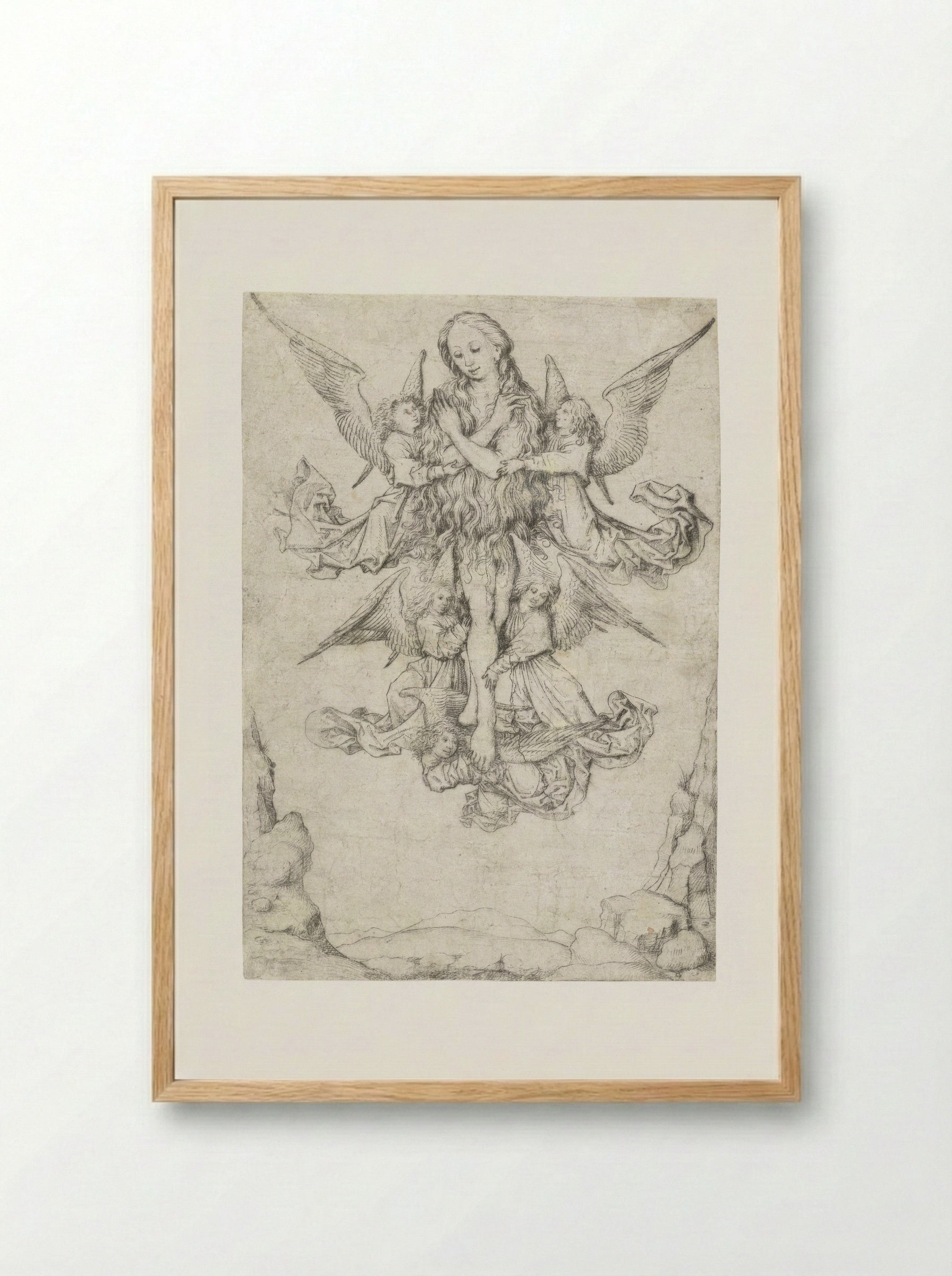 The Elevation of Saint Mary Magdalene with Five Angels - Master of the Amsterdam Cabinet - Framed Print Wood