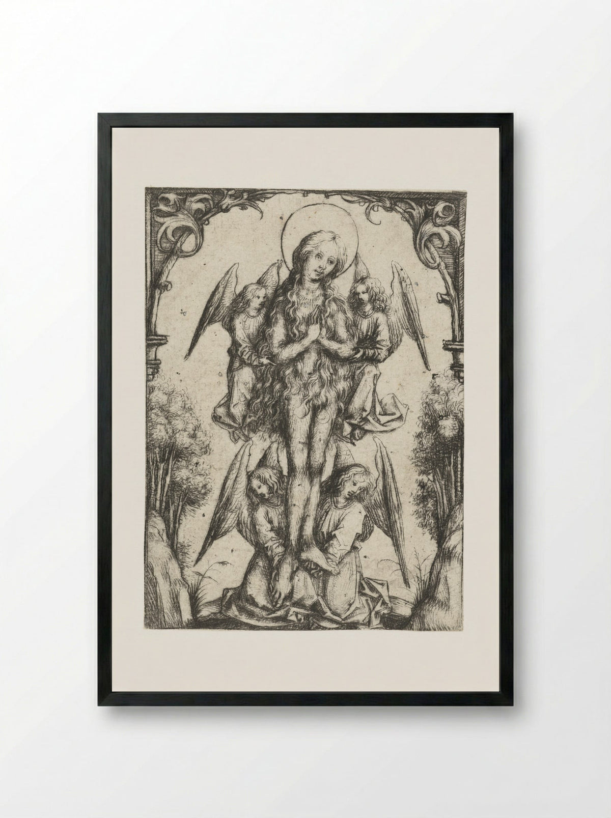 The Elevation of Saint Mary Magdalene with Four Angels - Master of the Amsterdam Cabinet - Framed Print Black