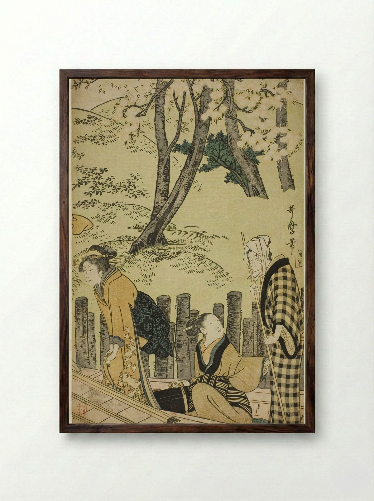 The Embankment at Mimeguri - Kitagawa Utamaro - Framed Print Dark Wood