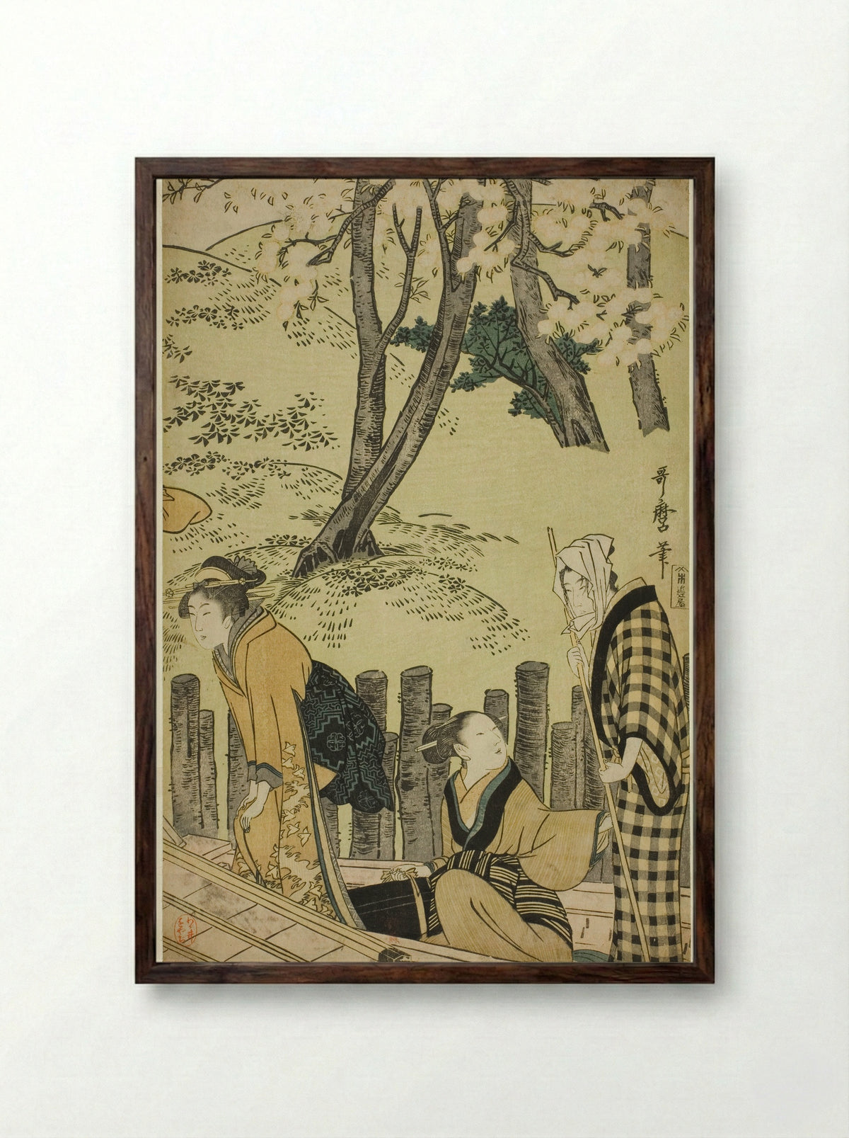 The Embankment at Mimeguri - Kitagawa Utamaro - Framed Print Dark Wood