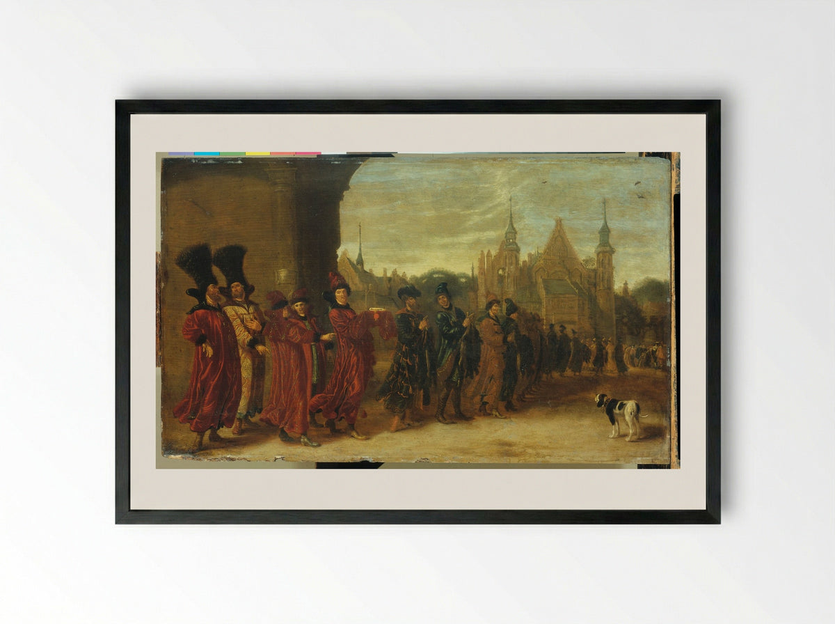 The Embassy of the Tsar of Muscovy on the Way to the States General in The Hague - Sybrand van Beest - Framed Print Black