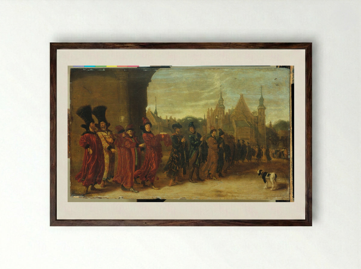 The Embassy of the Tsar of Muscovy on the Way to the States General in The Hague - Sybrand van Beest - Framed Print Dark Wood
