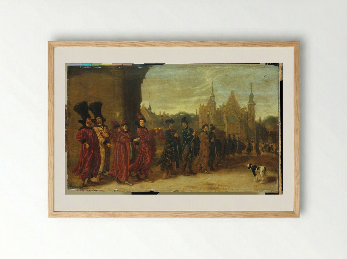 The Embassy of the Tsar of Muscovy on the Way to the States General in The Hague - Sybrand van Beest - Framed Print Wood