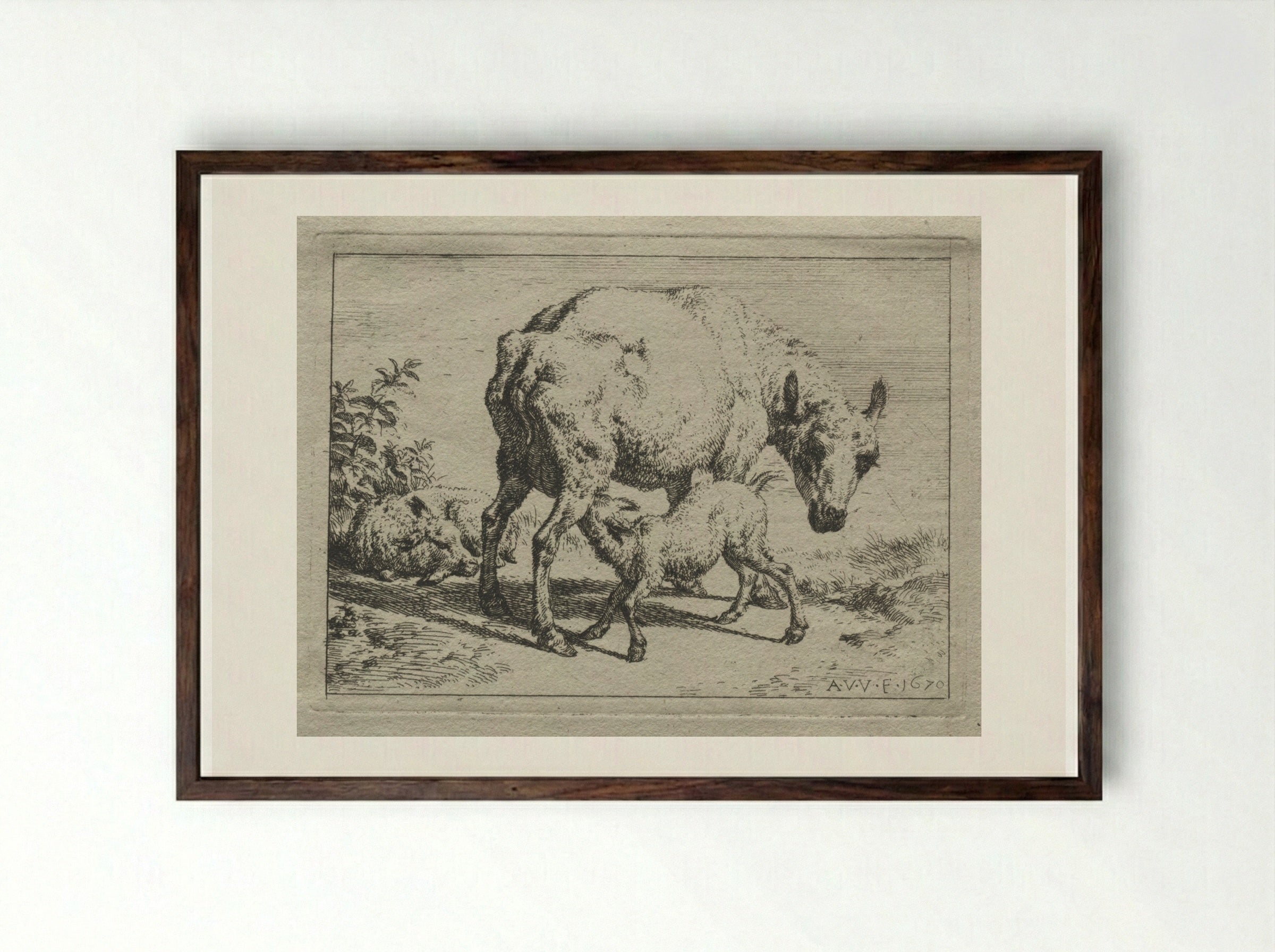 The Ewe and Two Lambs - Adriaen van de Velde - Framed Print Dark Wood