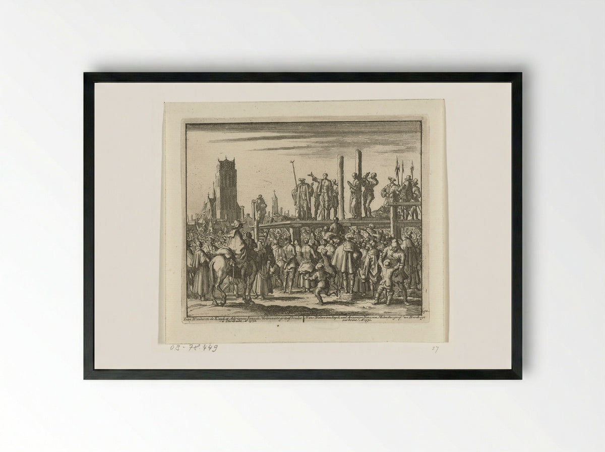 The Execution of Hans Woutersz. van Kuyk and Ariaantje Jans in Dordrecht - Hans van Kuyk - Framed Print Black