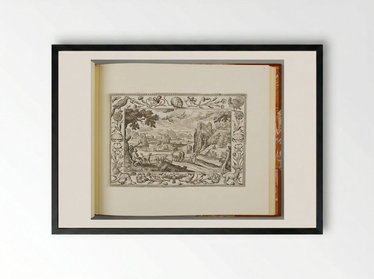 The Fall of Icarus, with Mouse, Turkey, Crab, and Spaniel - Adriaen Collaert - Framed Print Black