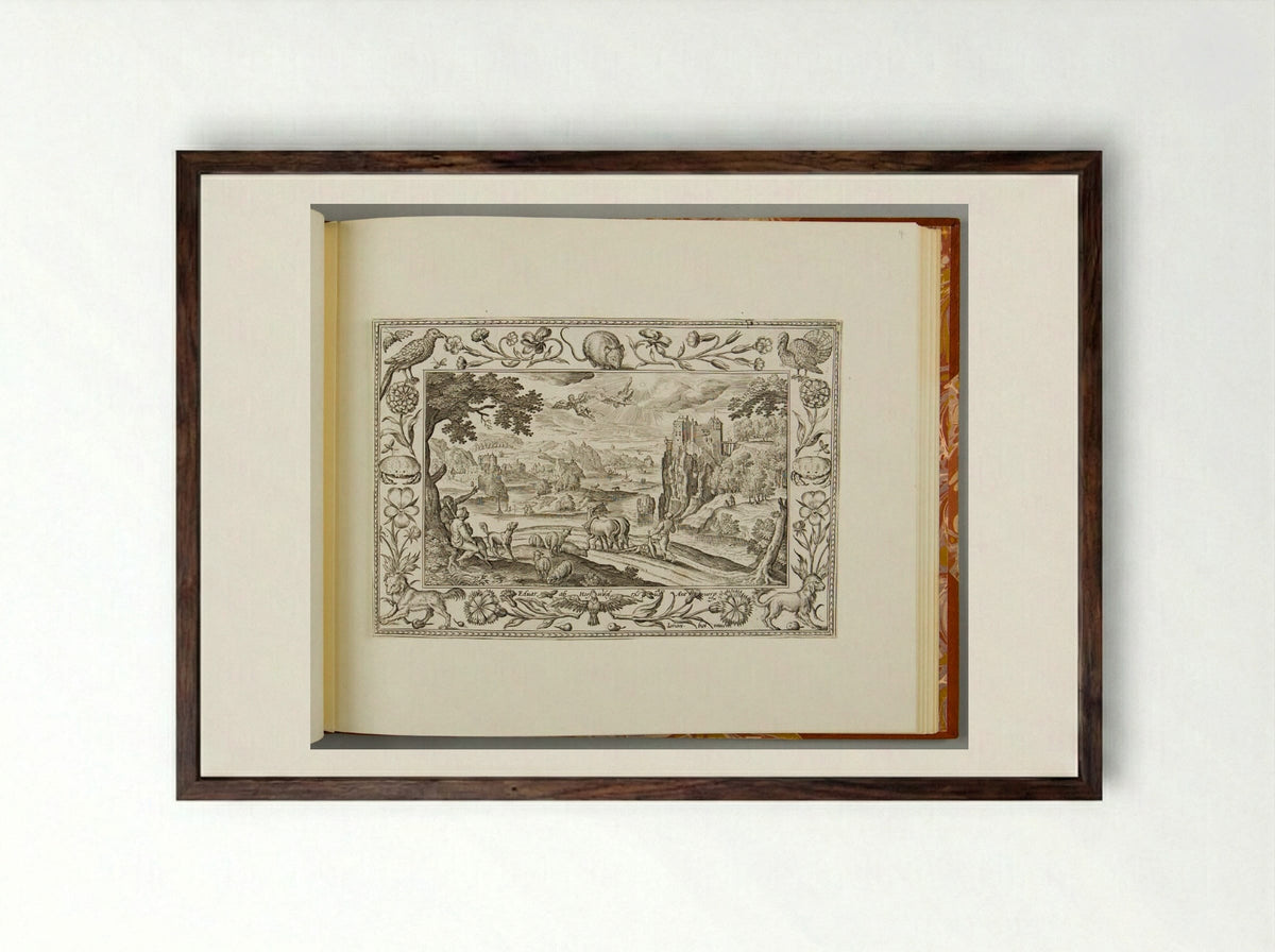 The Fall of Icarus, with Mouse, Turkey, Crab, and Spaniel - Adriaen Collaert - Framed Print Dark Wood