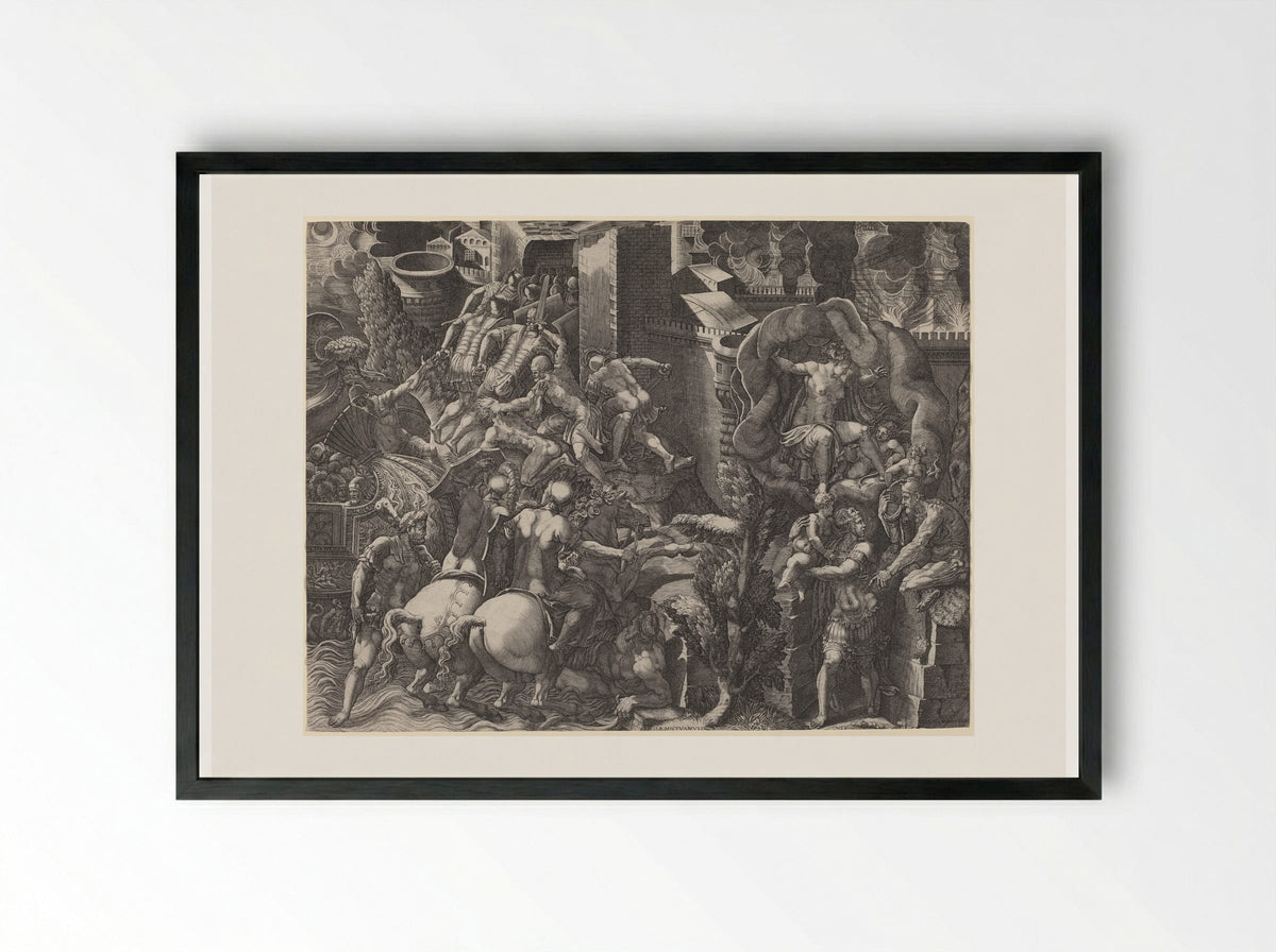 The Fall of Troy and the Escape of Aeneas - Giorgio Ghisi - Framed Print Black