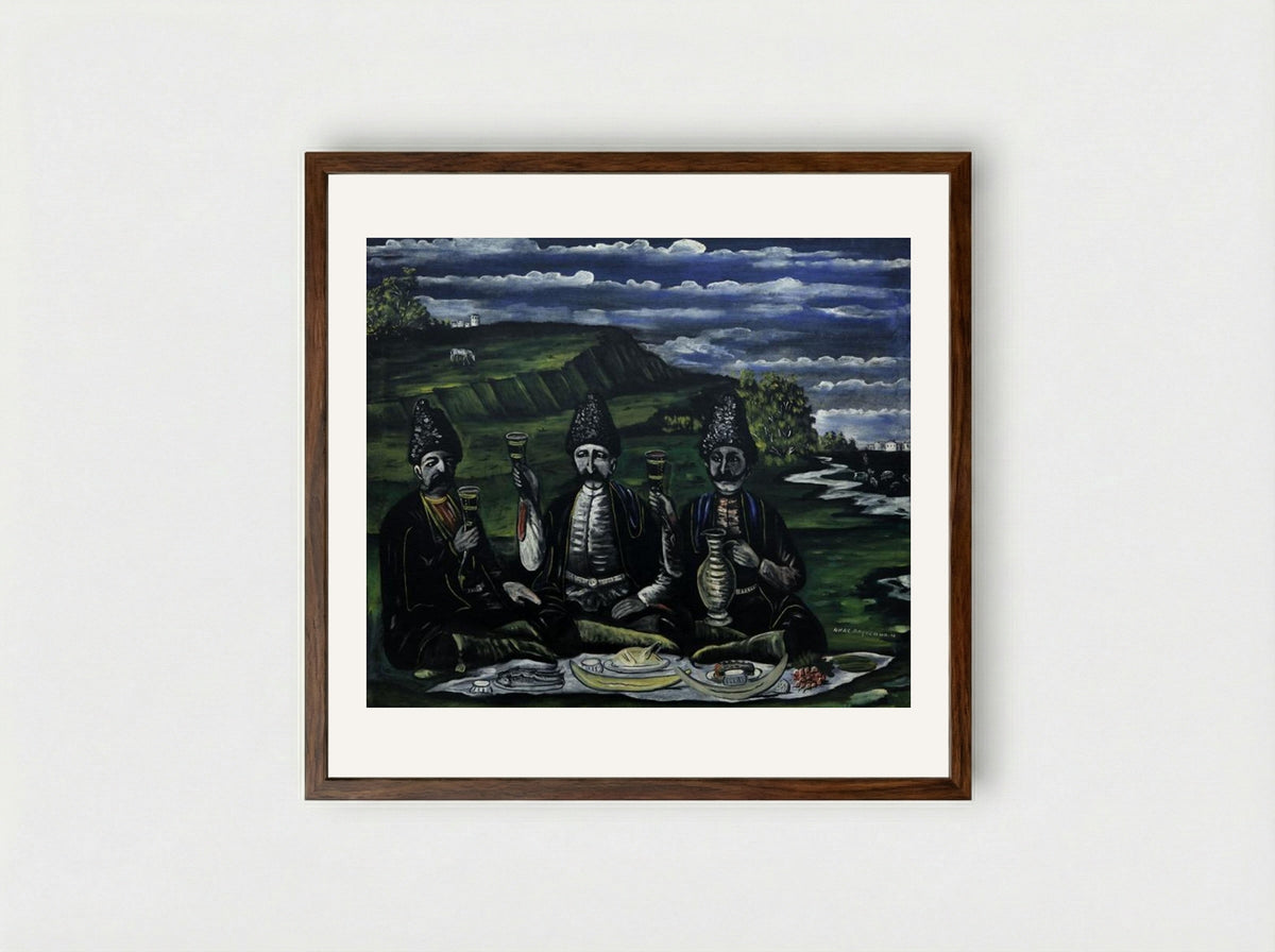 The Feast of Three Nobles in the Valley - Niko Pirosmani - Framed Print Dark Wood