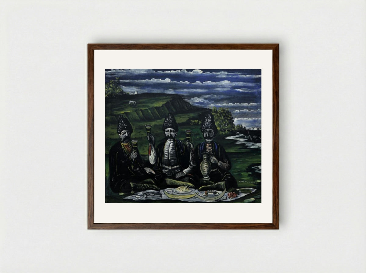 The Feast of Three Nobles in the Valley - Niko Pirosmani - Framed Print Dark Wood