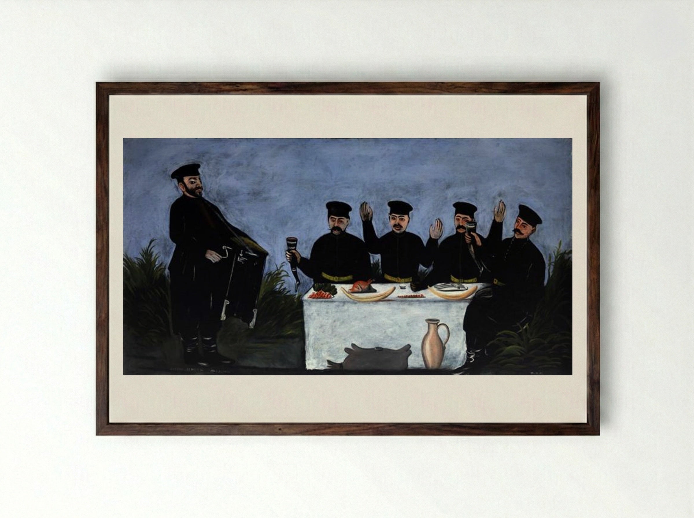 The Feast with Barrel Organist Datiko Zemeli - Niko Pirosmani - Framed Print Dark Wood