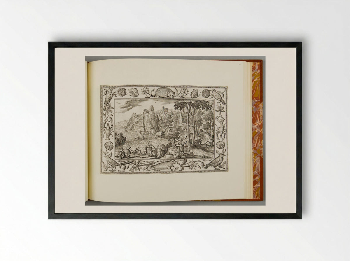 The Finding of Moses, with Hedgehog, Seal, Lobster, and Bird - Adriaen Collaert - Framed Print Black