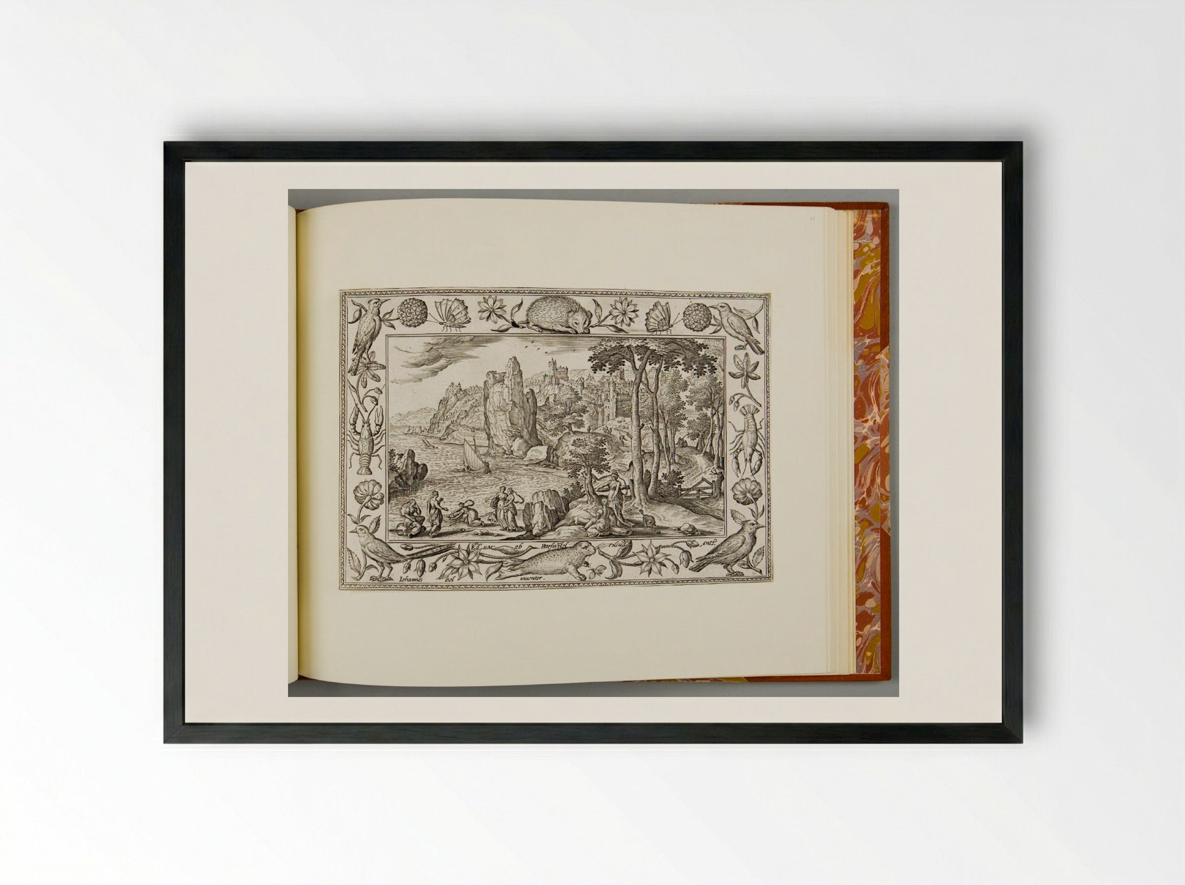 The Finding of Moses, with Hedgehog, Seal, Lobster, and Bird - Adriaen Collaert - Framed Print Black