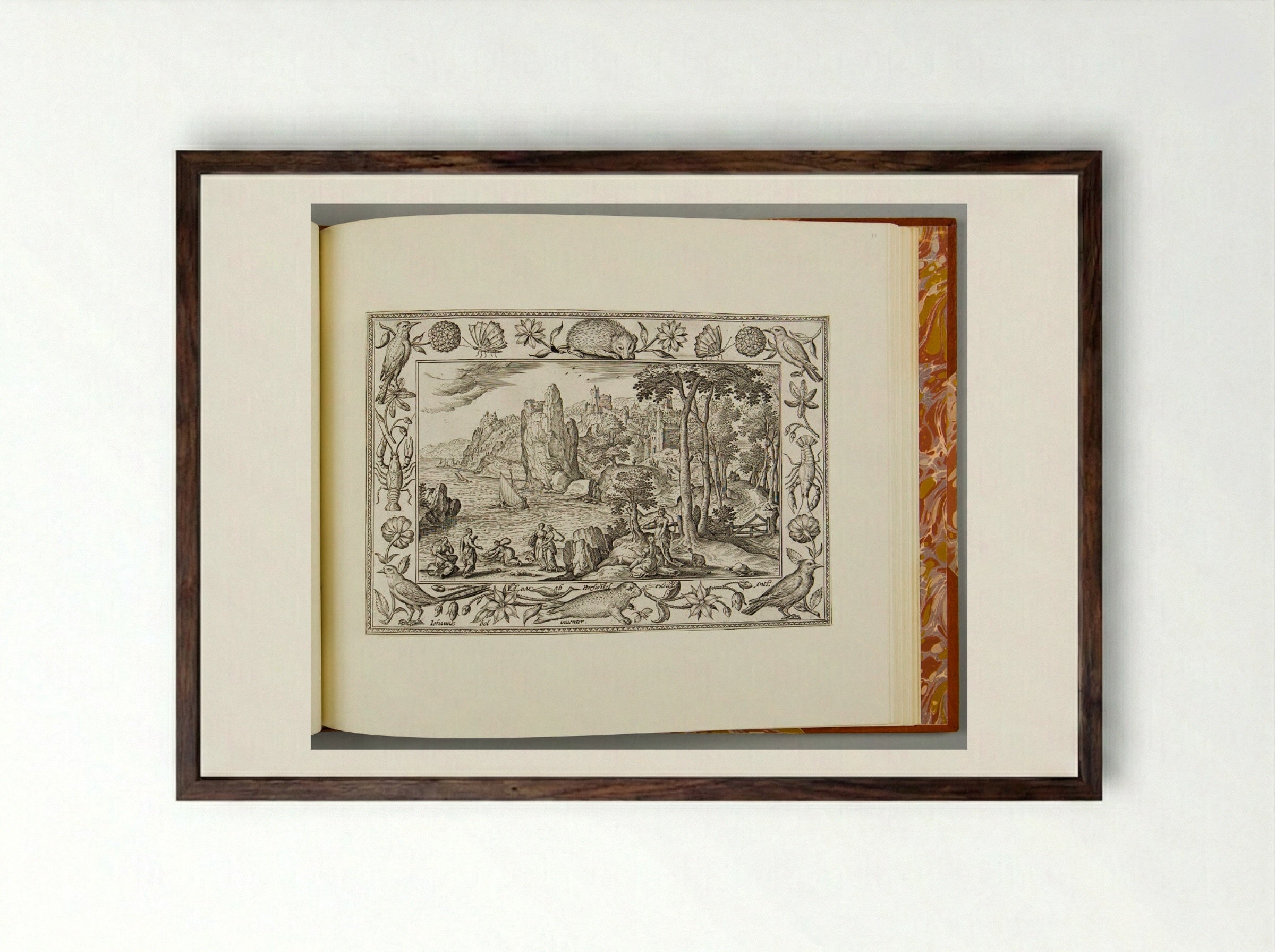 The Finding of Moses, with Hedgehog, Seal, Lobster, and Bird - Adriaen Collaert - Framed Print Dark Wood