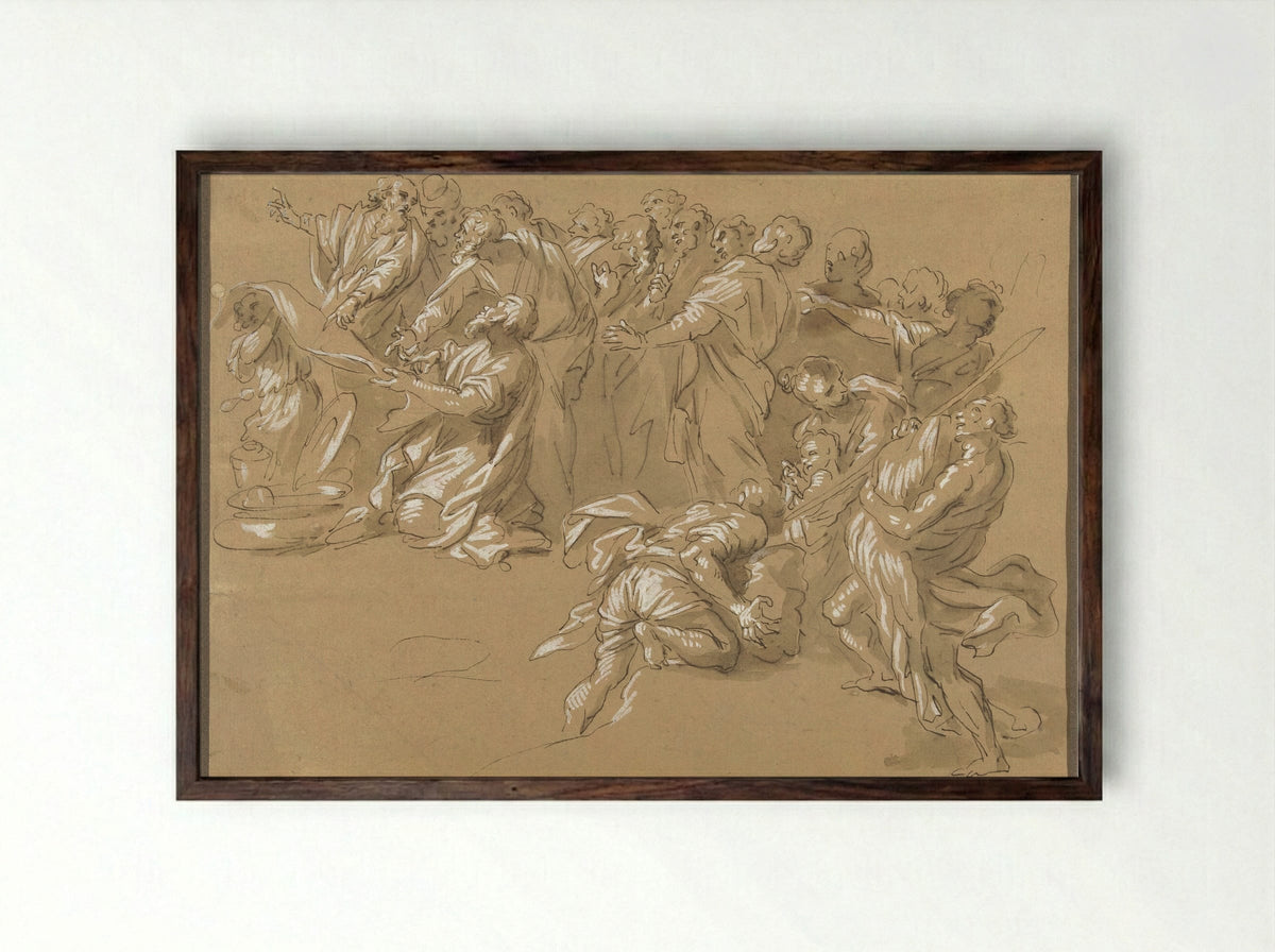The Finding of the Cup in Benjamin's Sack - Giacinto Gimignani - Framed Print Dark Wood