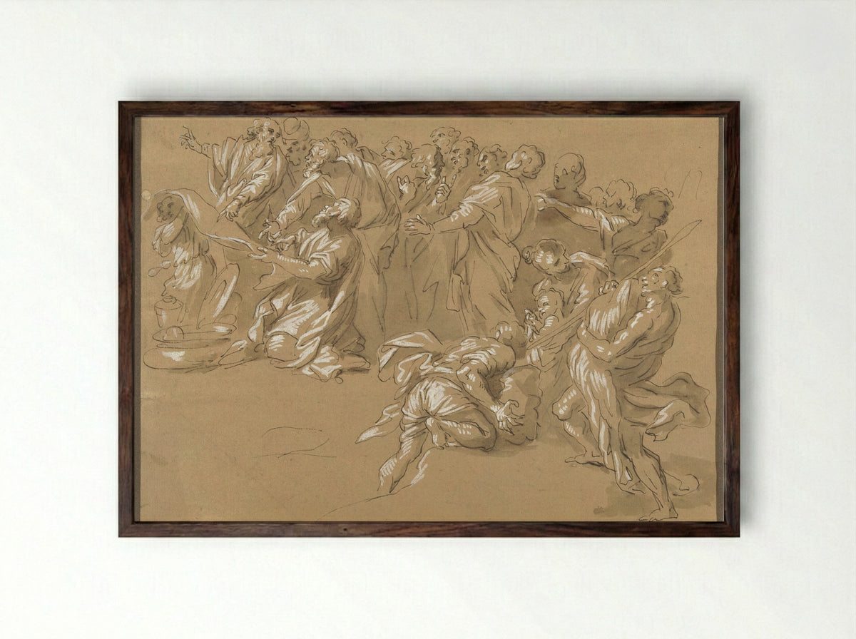 The Finding of the Cup in Benjamin's Sack - Giacinto Gimignani - Framed Print Dark Wood