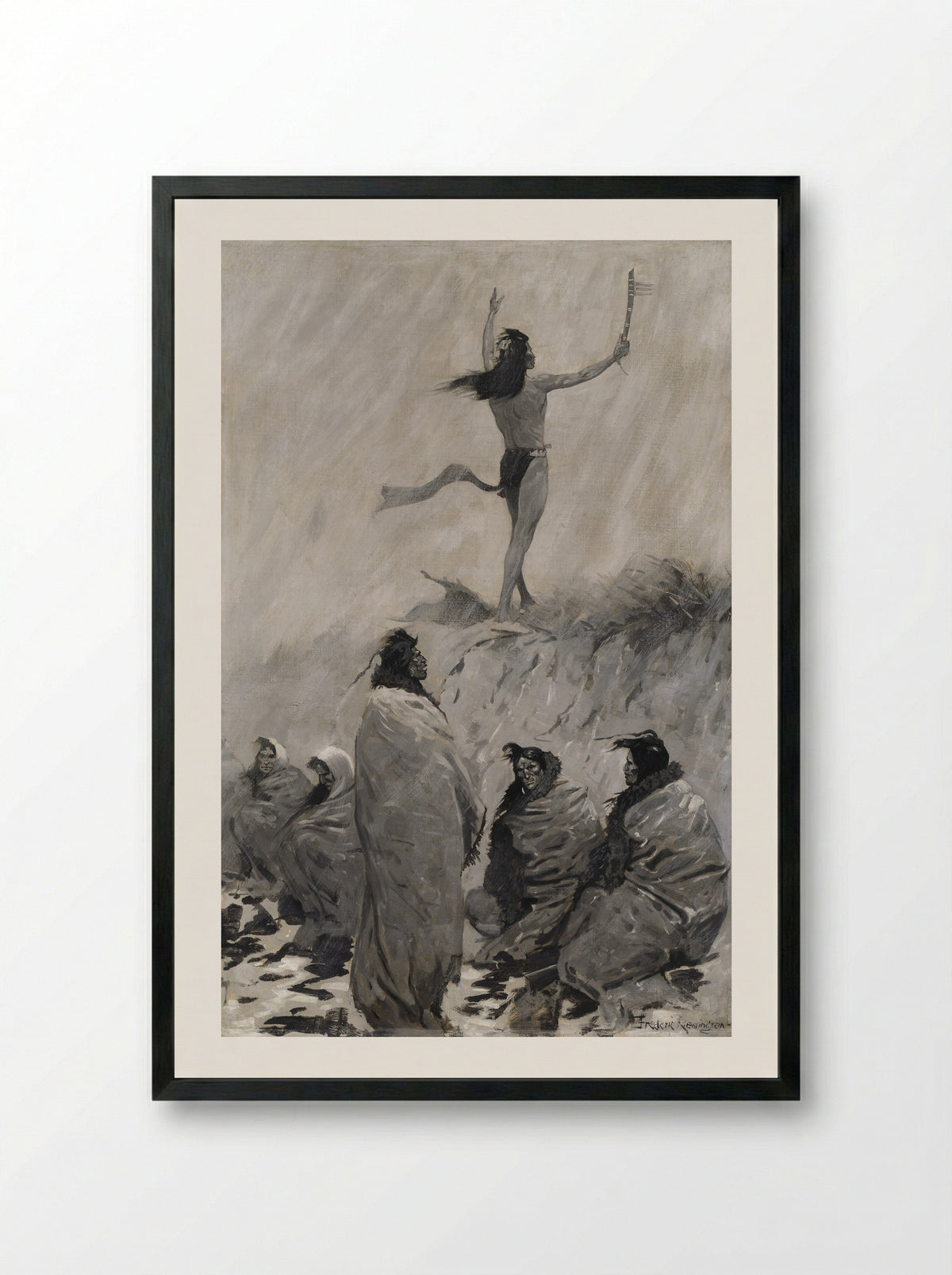 The Fire Eater Raised His Arms to the Thunder Bird - Frederic Remington - Framed Print Black