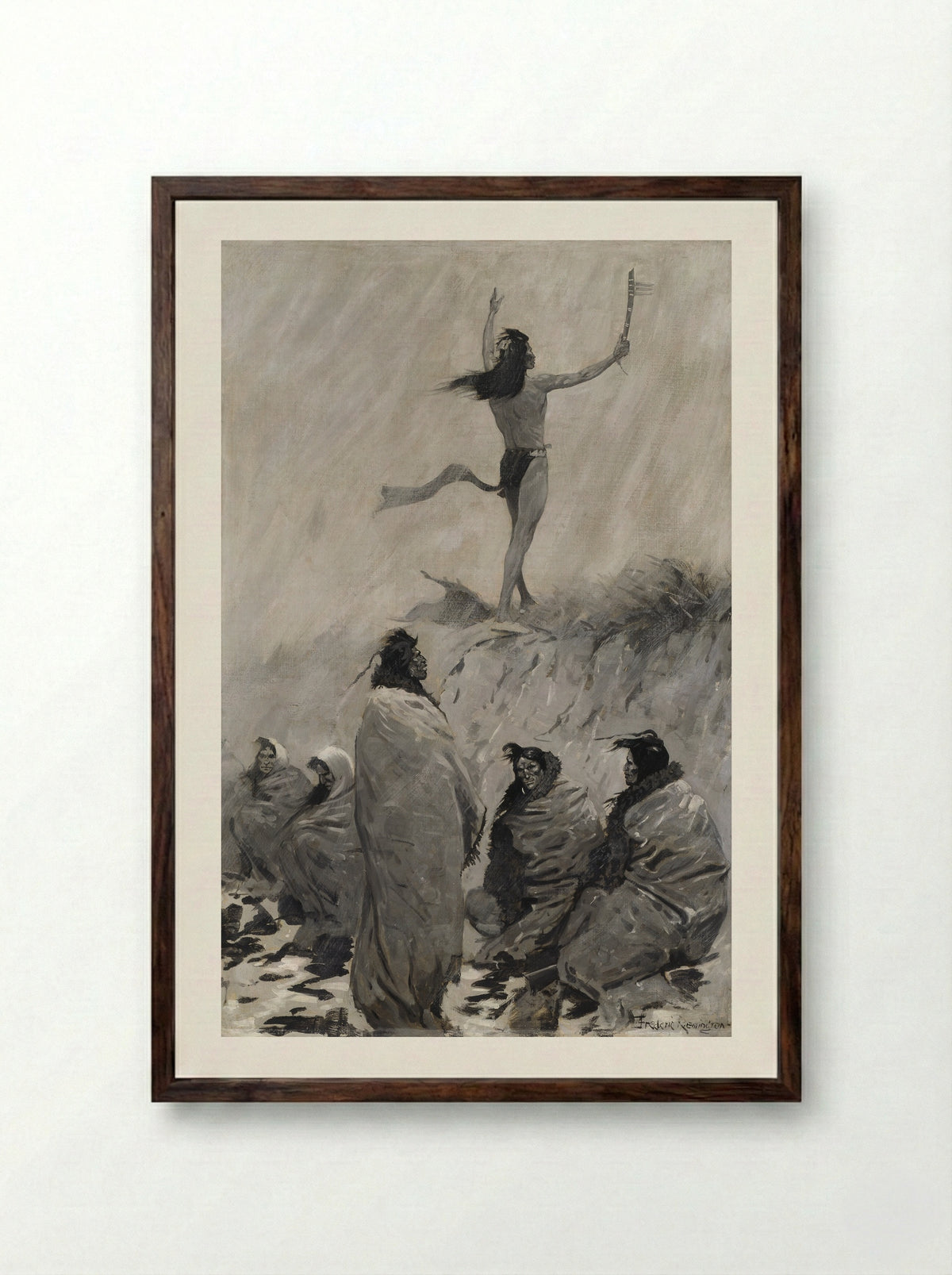 The Fire Eater Raised His Arms to the Thunder Bird - Frederic Remington - Framed Print Dark Wood