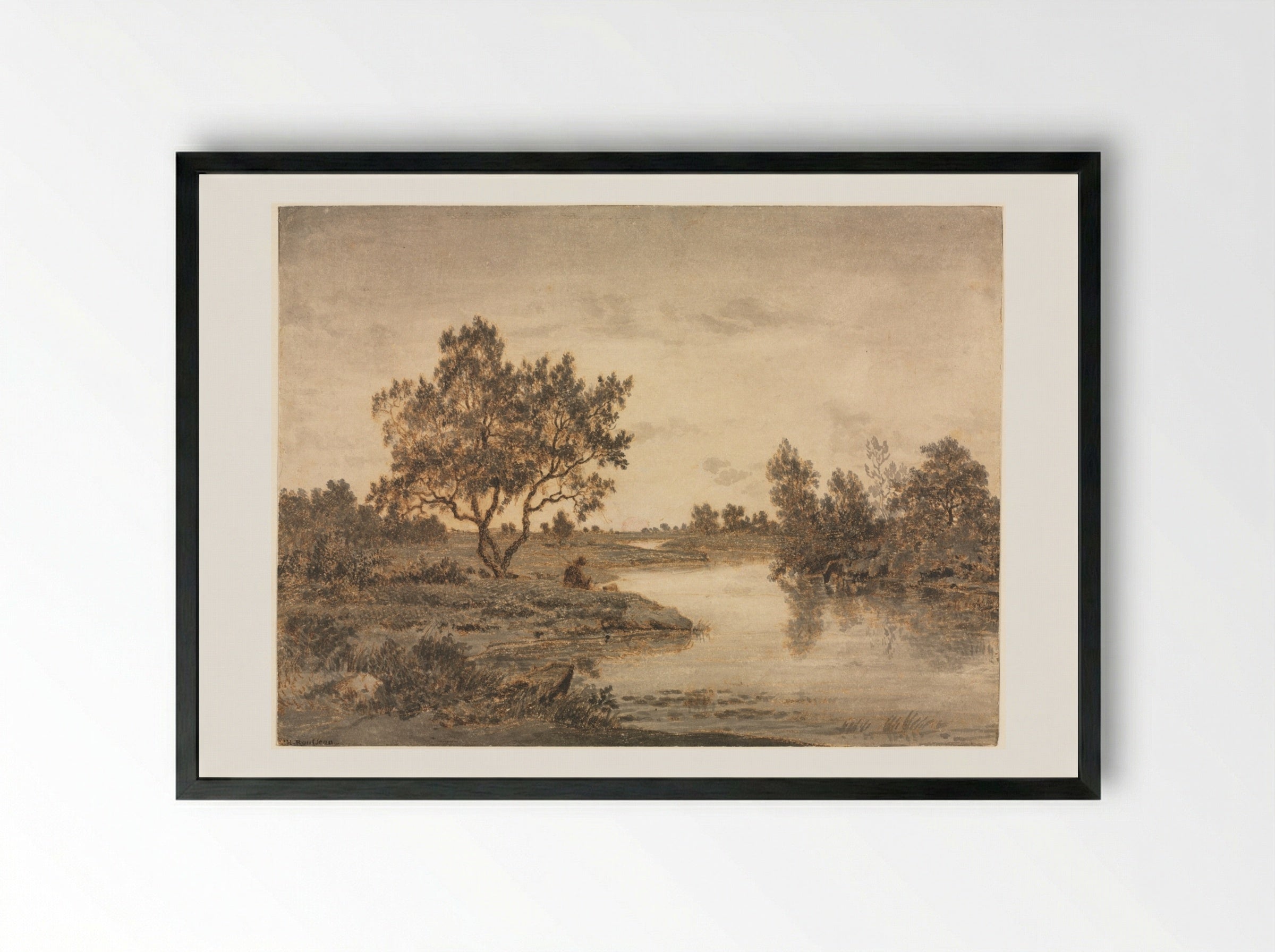 The Fisherman (Le Pêcheur) - Théodore Rousseau - Framed Print Black