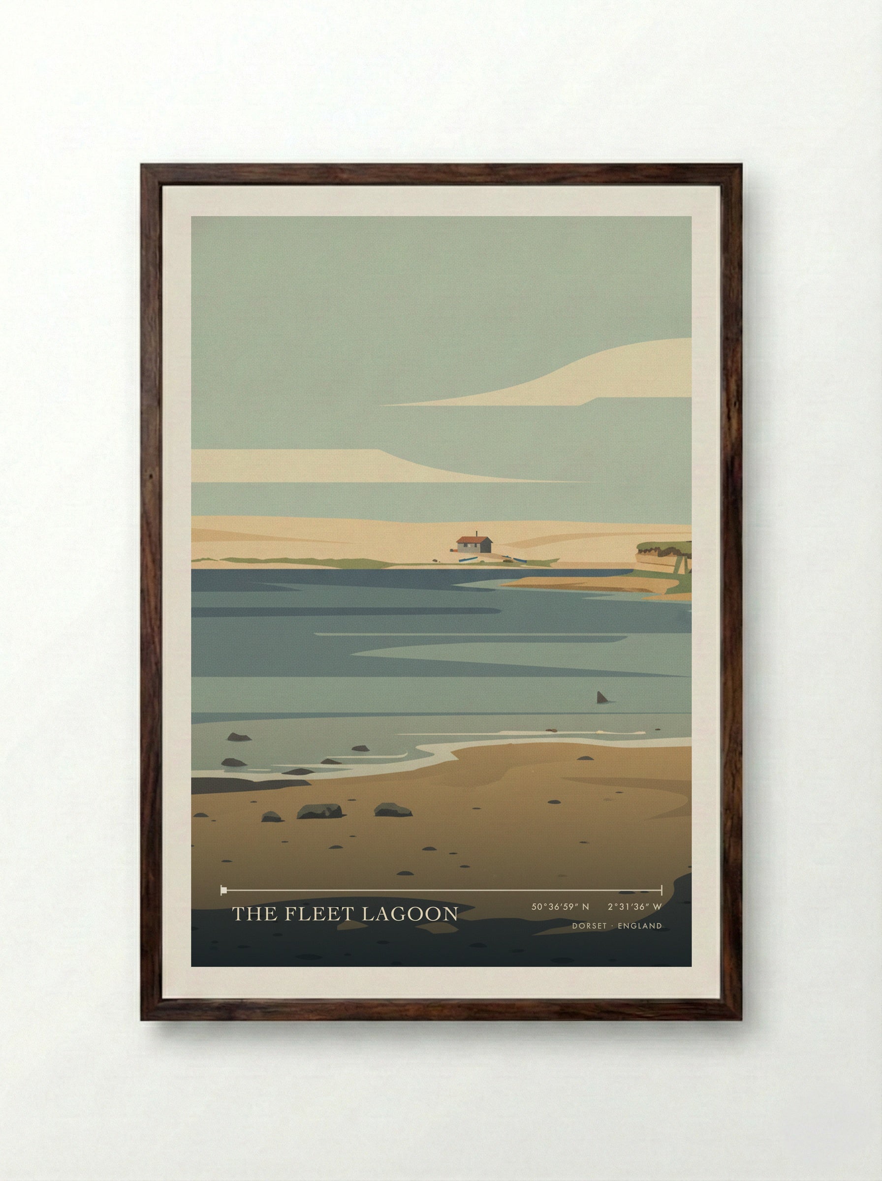 The Fleet Lagoon Dorset England Travel Poster - Framed Print Dark Wood