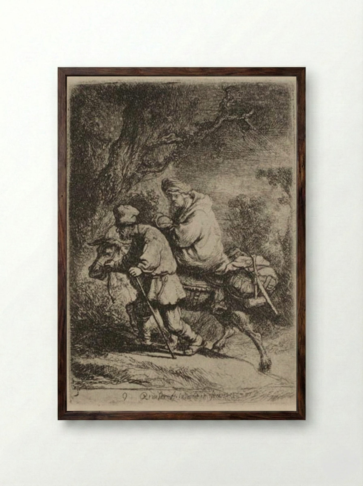 The Flight into Egypt - Rembrandt van Rijn - Framed Print Dark Wood