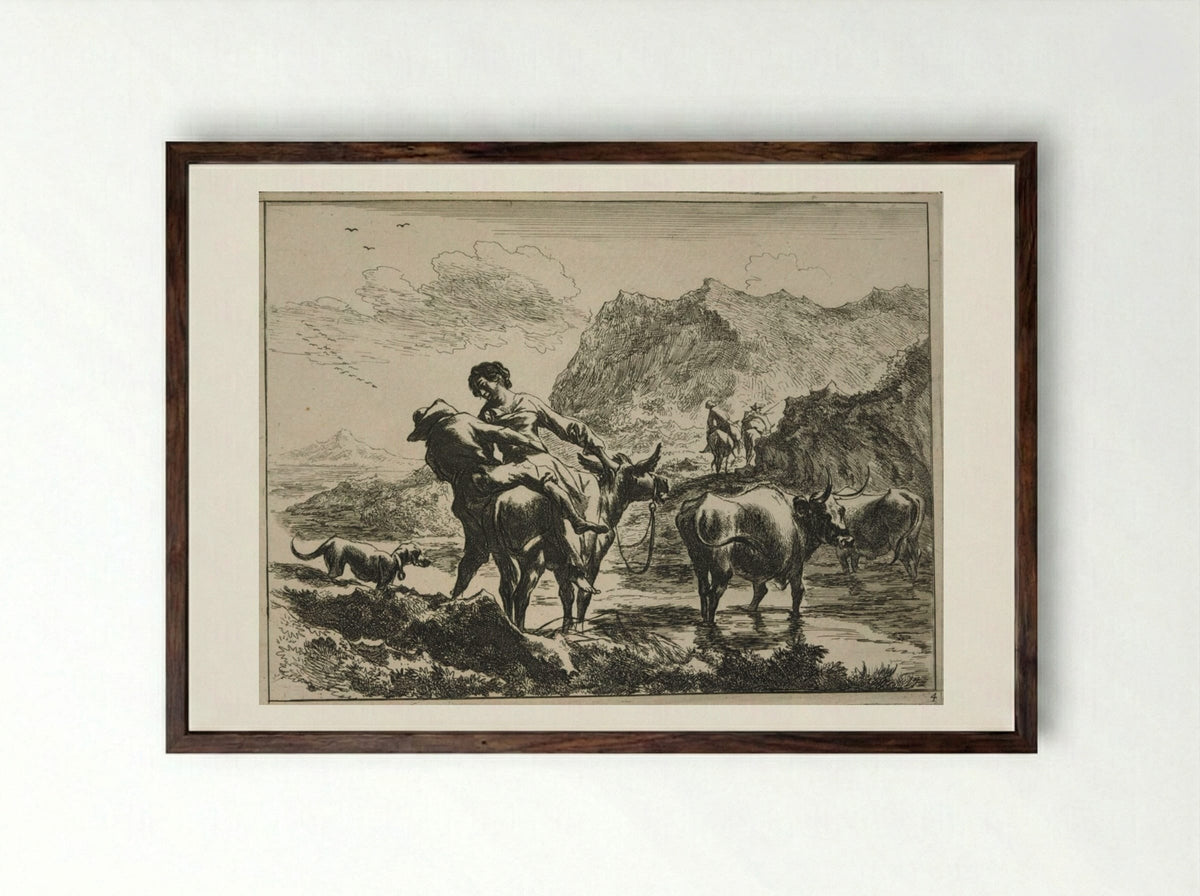 The Ford, A Herdsman and Shepherdess on a Donkey - Johannes Visscher - Framed Print Dark Wood