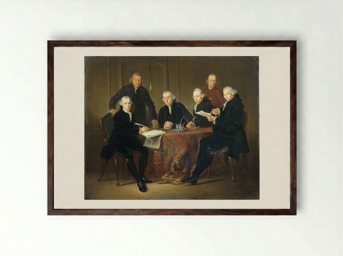 The Four Regents, the Secretary and the House Father of the Lepers' House in Amsterdam - Jacobus Luberti Augustini - Framed Print Dark Wood