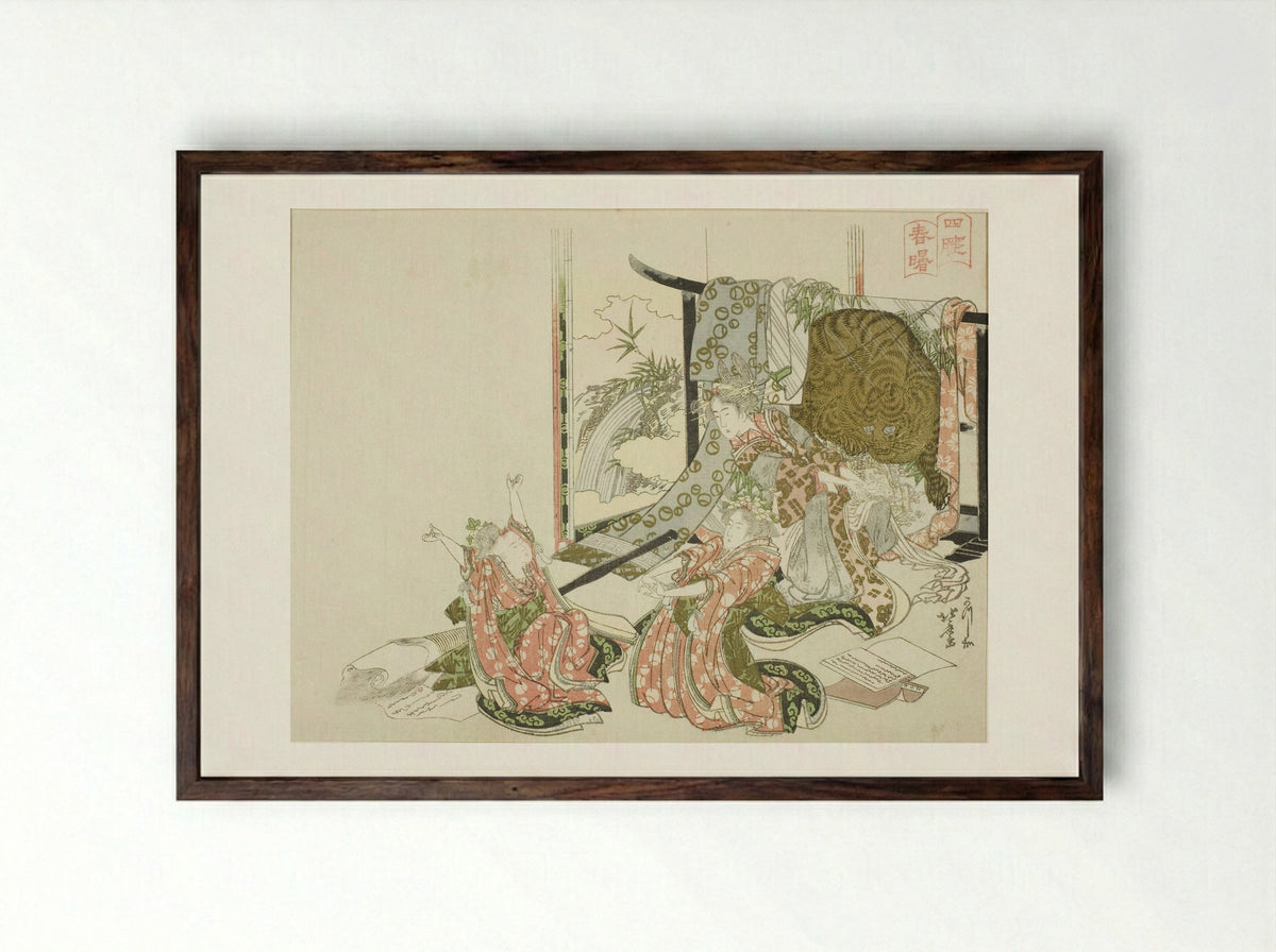 The Four Sleepers in Spring Dawn - Katsushika Hokusai - Framed Print Dark Wood