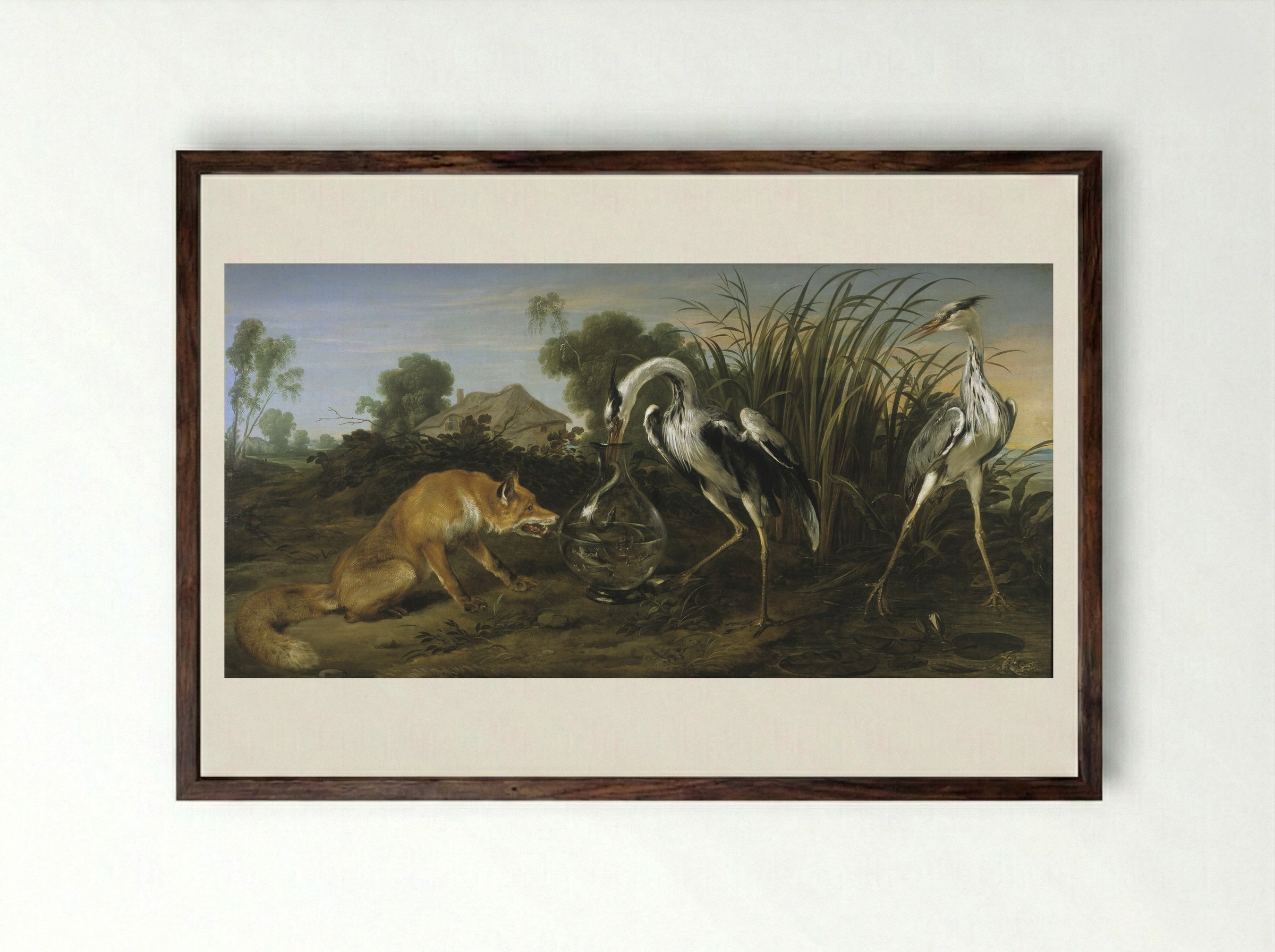 The Fox and the Heron - Frans Snyders - Framed Print Dark Wood