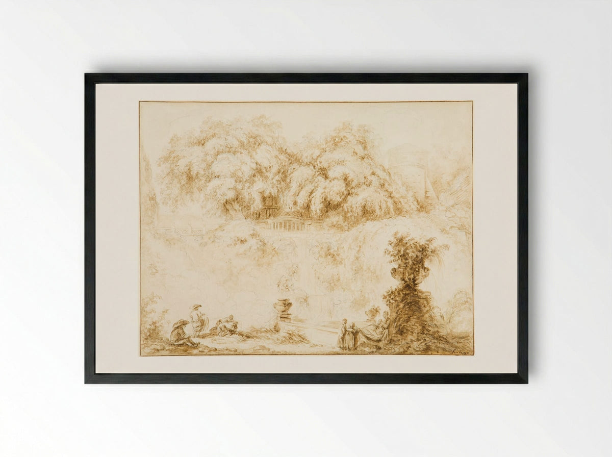 The Gardens and Terraces of the Villa d'Este - Jean-Honoré Fragonard - Framed Print Black