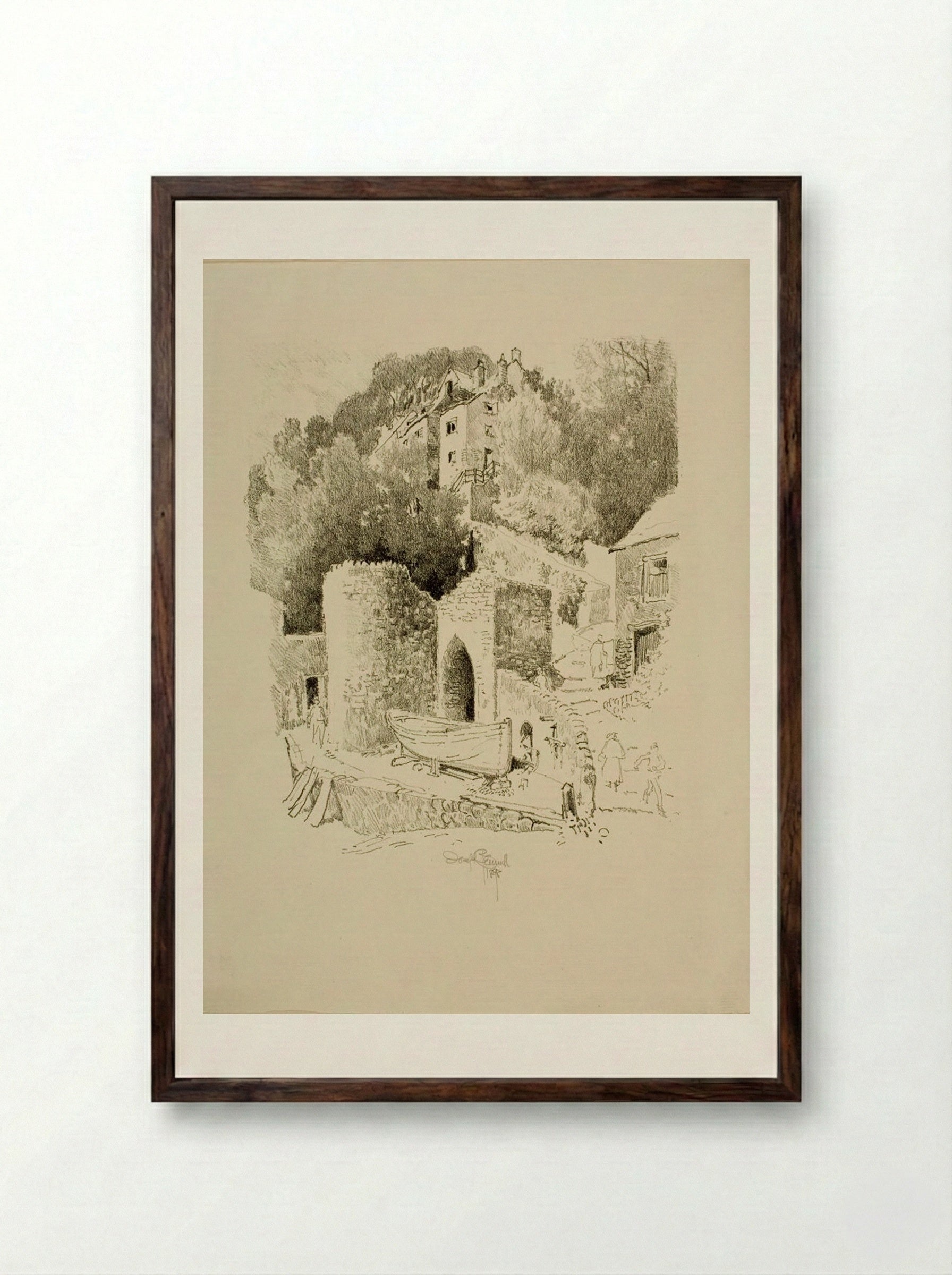 The Gateway, Clovelly - Joseph Pennell - Framed Print Dark Wood